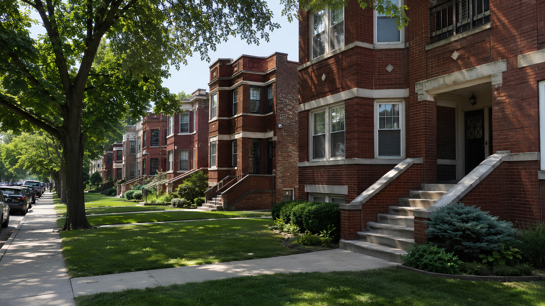 A row of well-maintained two-flat and three-flat residential buildings on a tree-lined Chicago neighborhood street in summer.