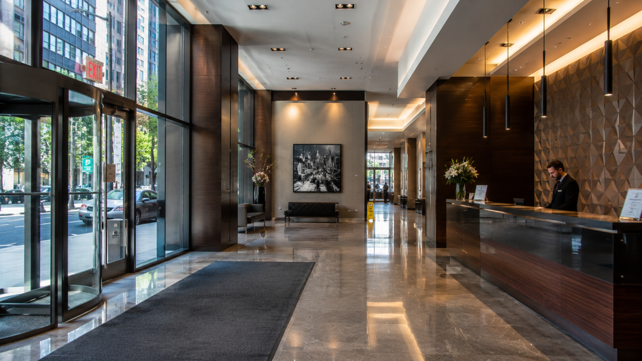 A close-up of a Chicago condo building's lobby with a doorman desk and modern finishes, representing the type of high-rise units New York transplants typically compare during their search.