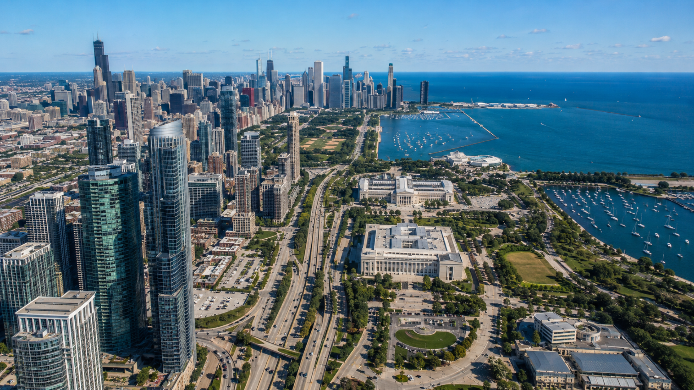 A wide aerial view of the South Loop neighborhood showing the skyline, Museum Campus, and lakefront, helping readers visualize the setting.