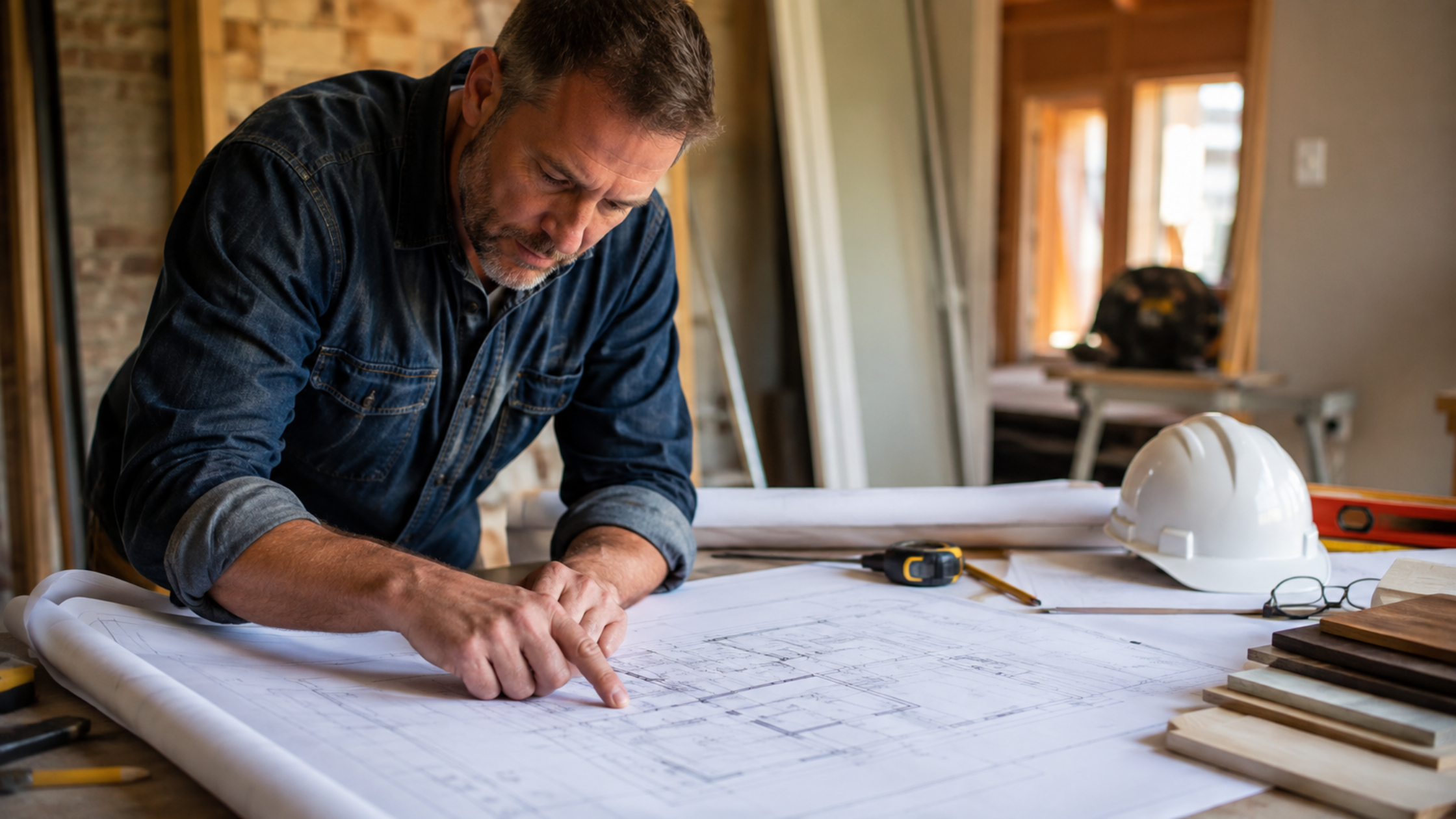 A close-up of a contractor reviewing architectural blueprints at a kitchen table, with construction materials visible in the background, representing the planning stage before a permit is filed.