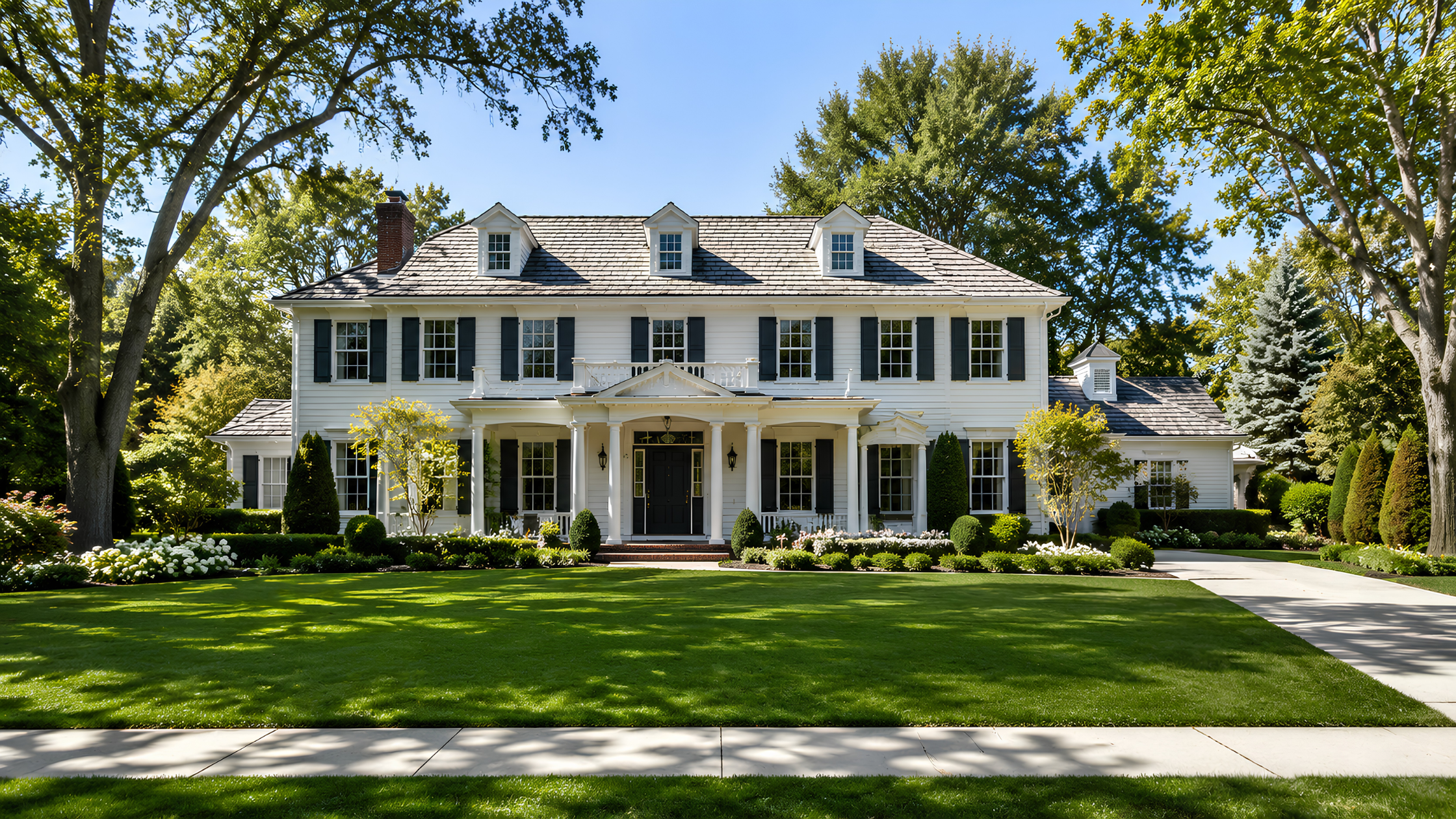 A large luxury home in Hinsdale, Illinois, with a manicured front lawn and traditional colonial architecture, shot during daytime.