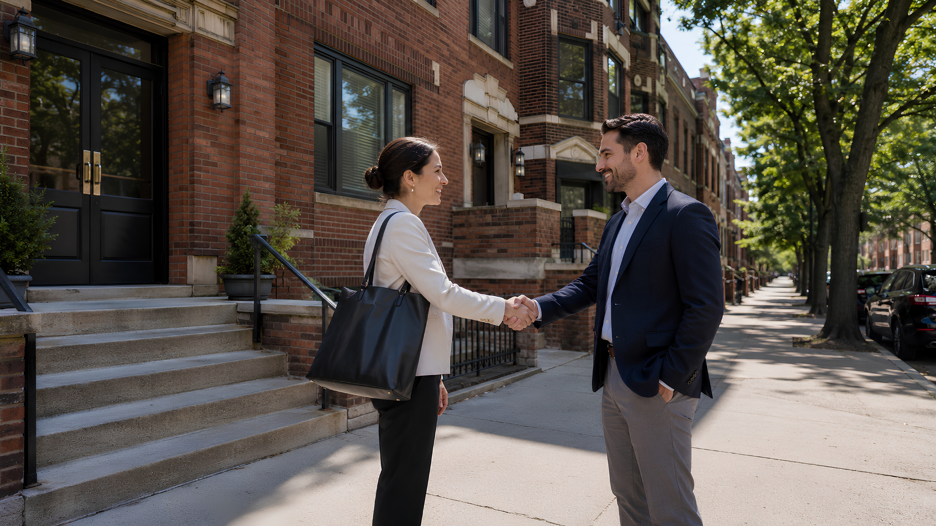 A real estate broker and investor shaking hands in front of a Chicago multi-unit building, conveying a successful property evaluation and purchase agreement.