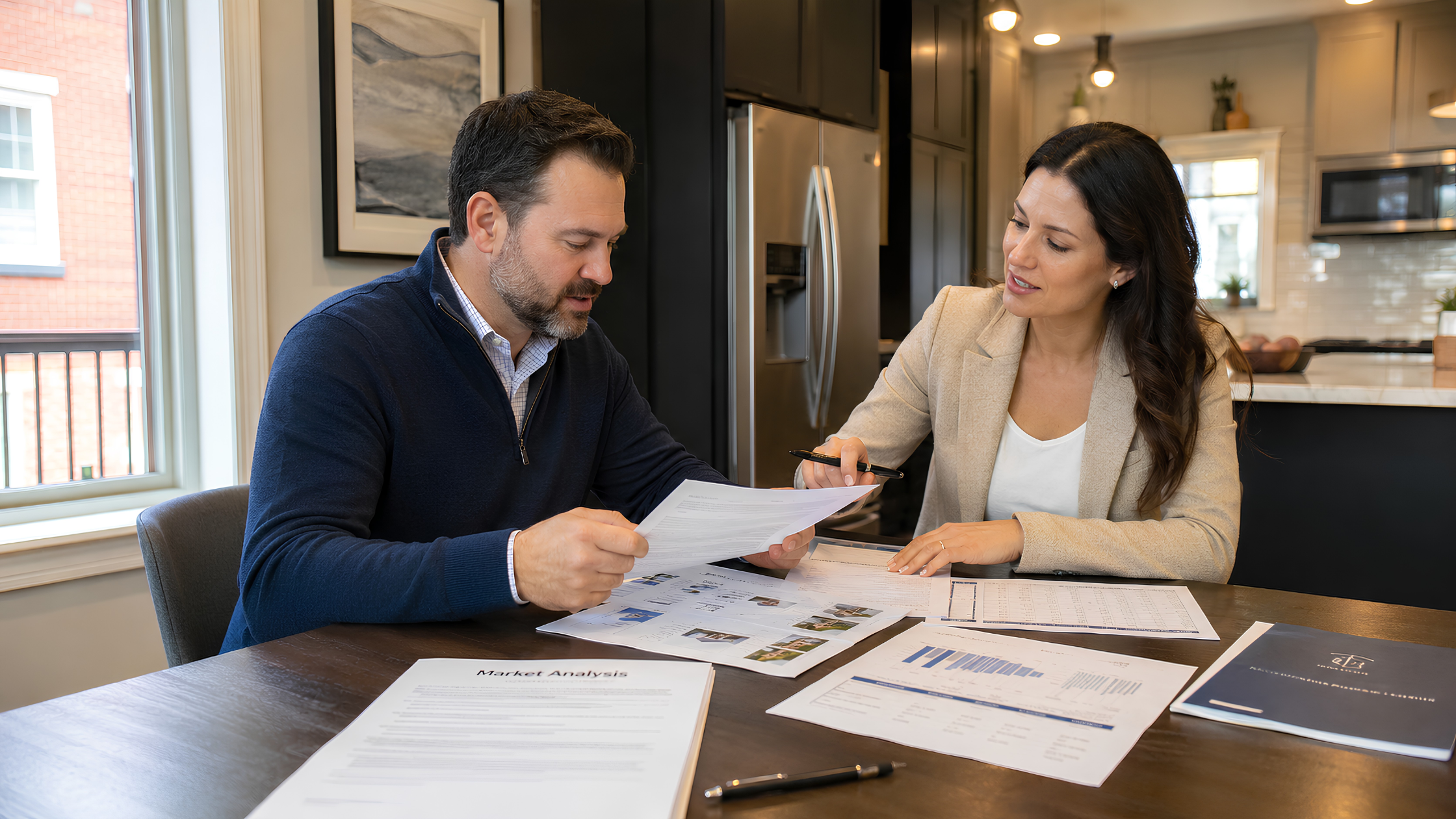 A real estate agent reviewing a printed CMA report with a home seller at a kitchen table, pointing to comparable sales data.