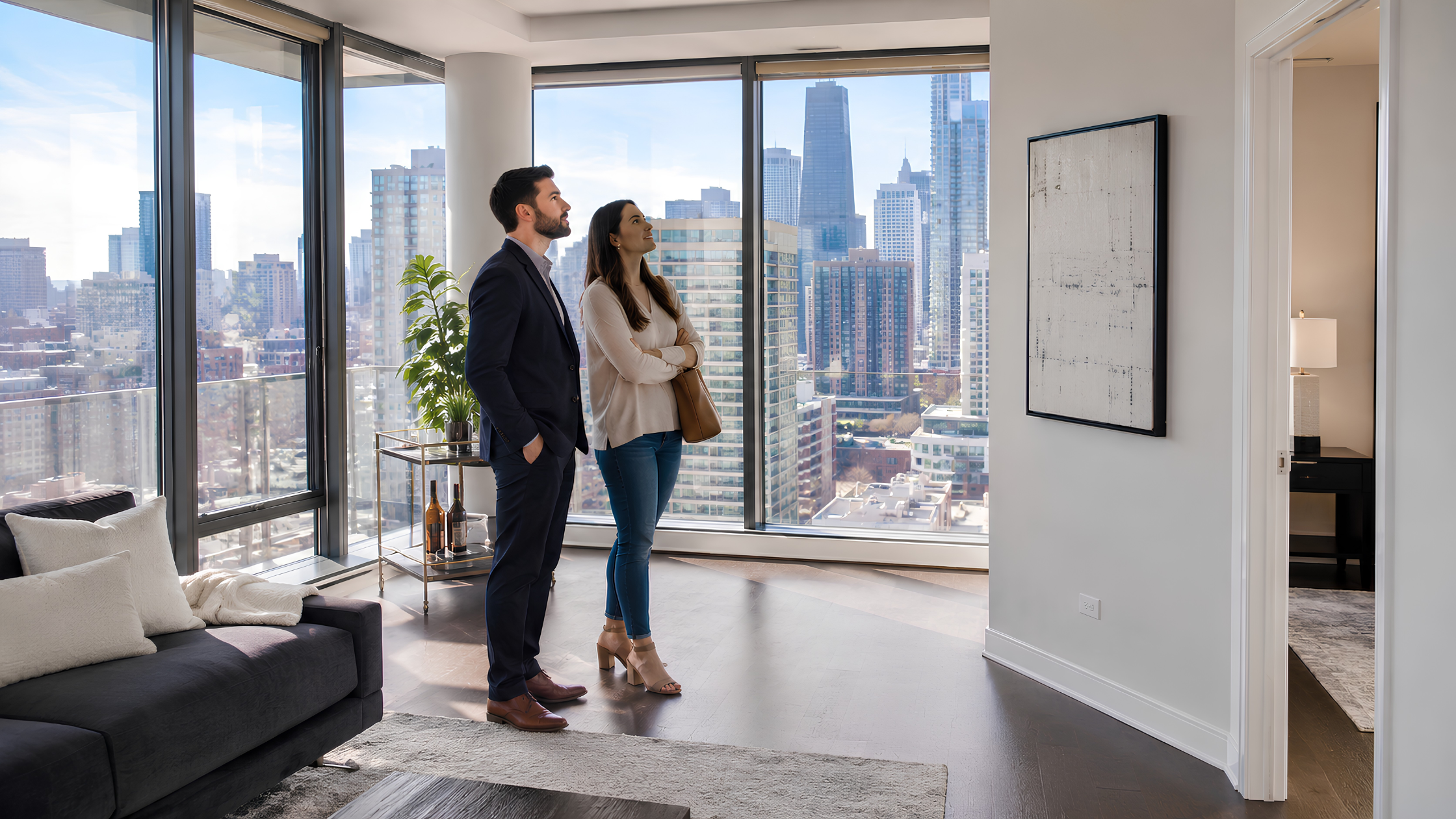 A couple walking through a bright, modern Chicago home during a daytime showing, evaluating the living room layout and natural light.