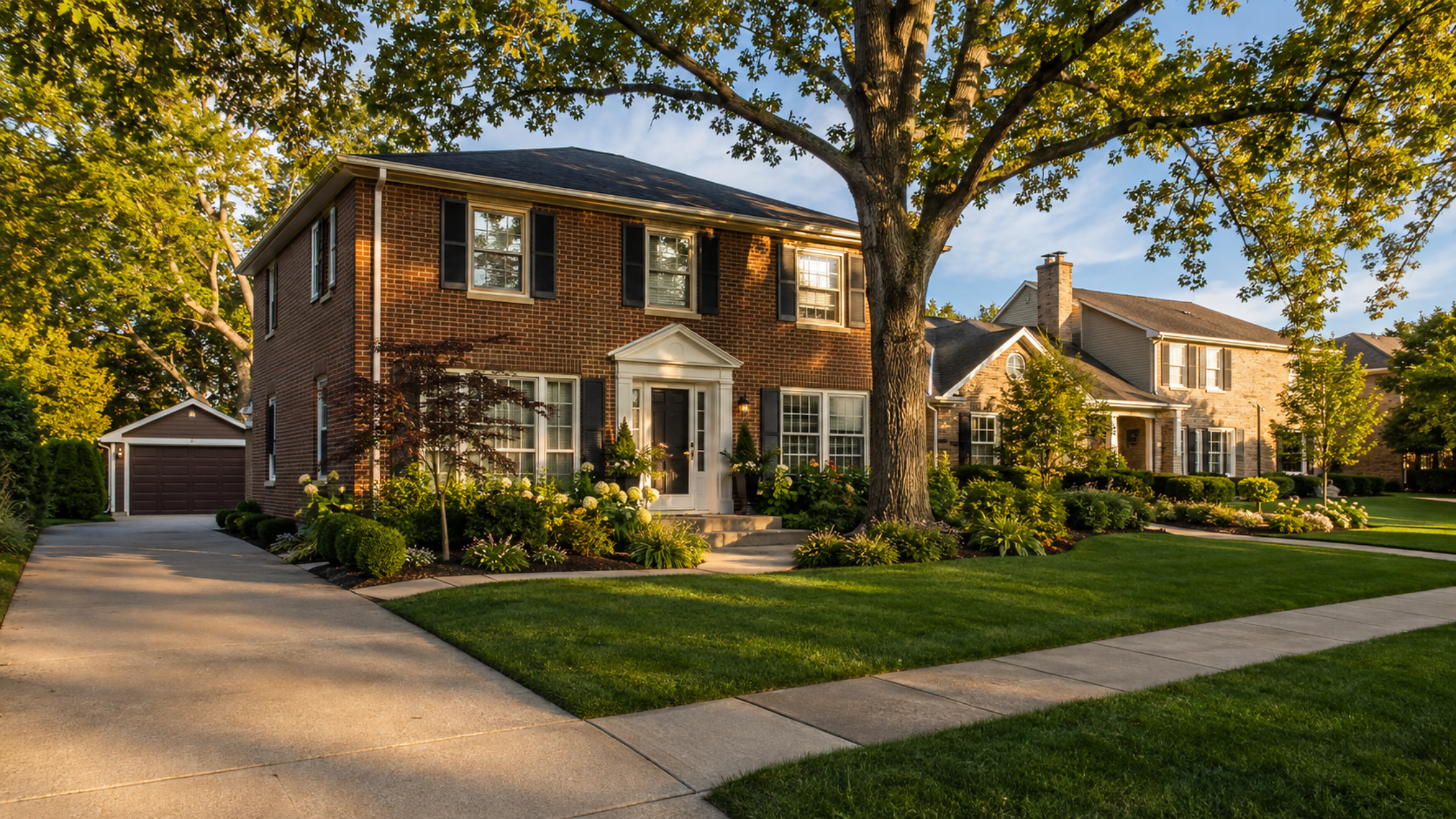 A well-maintained two-story brick single-family home in a western suburb, with green front lawn and mature trees, photographed on a sunny afternoon.