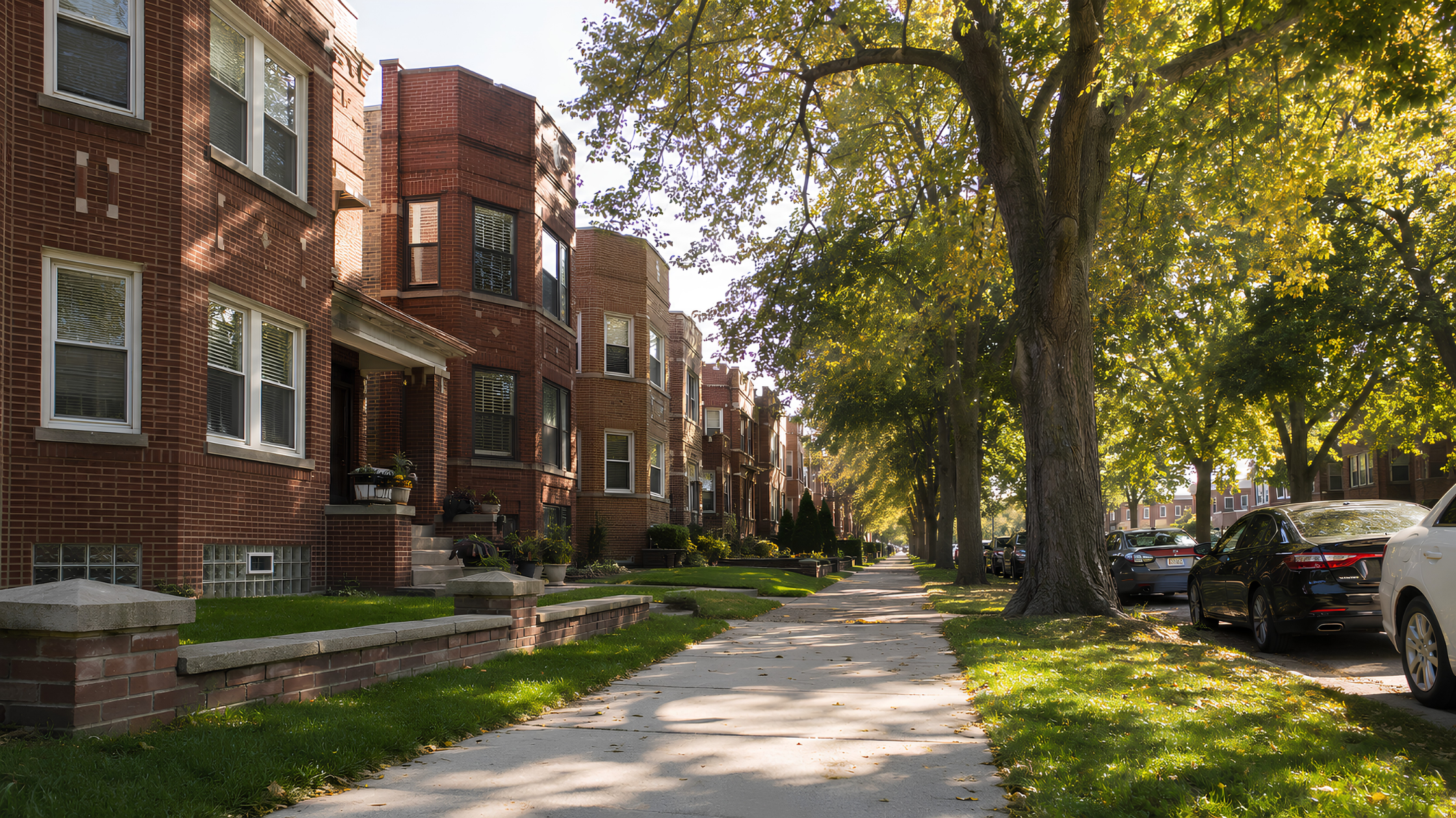 A wide street-level photo of a tree-lined residential block in Lincoln Square or Edison Park to visually anchor the concept of a safe, livable Chicago neighborhood