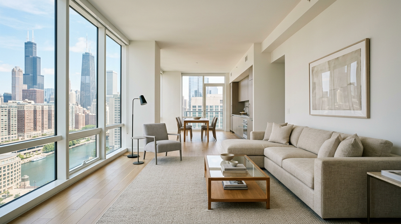 A well-staged Chicago condo living room with natural light streaming through large windows, showcasing how presentation affects buyer interest and sale speed.