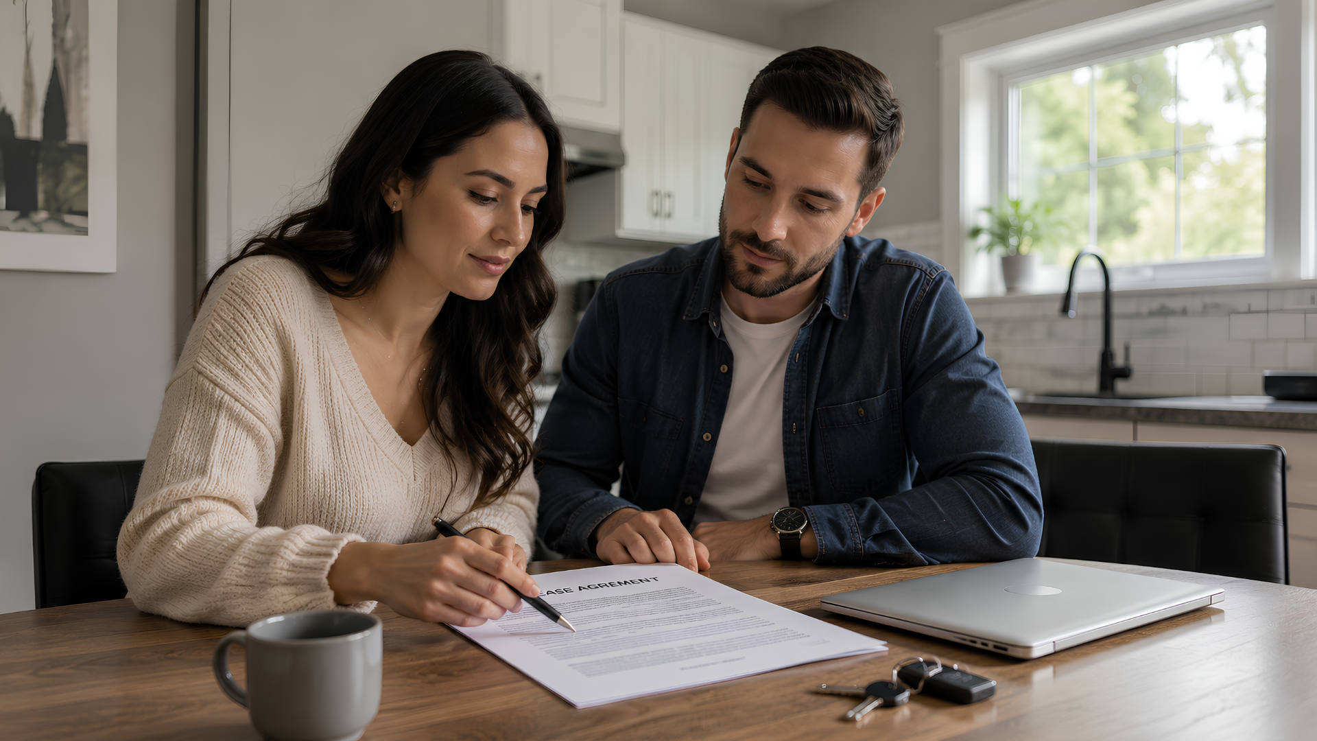 A landlord and tenant reviewing a lease agreement at a kitchen table, representing the legal and contractual relationship beginners need to understand before renting out a Chicago property.