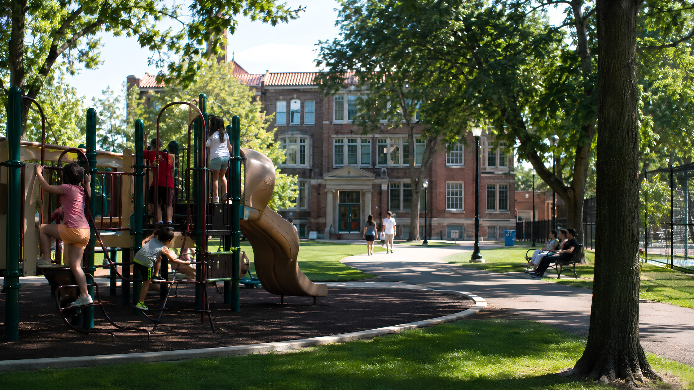 A family playing on the playground equipment at Sheridan Park in Chicago, with the fieldhouse building visible in the background.
