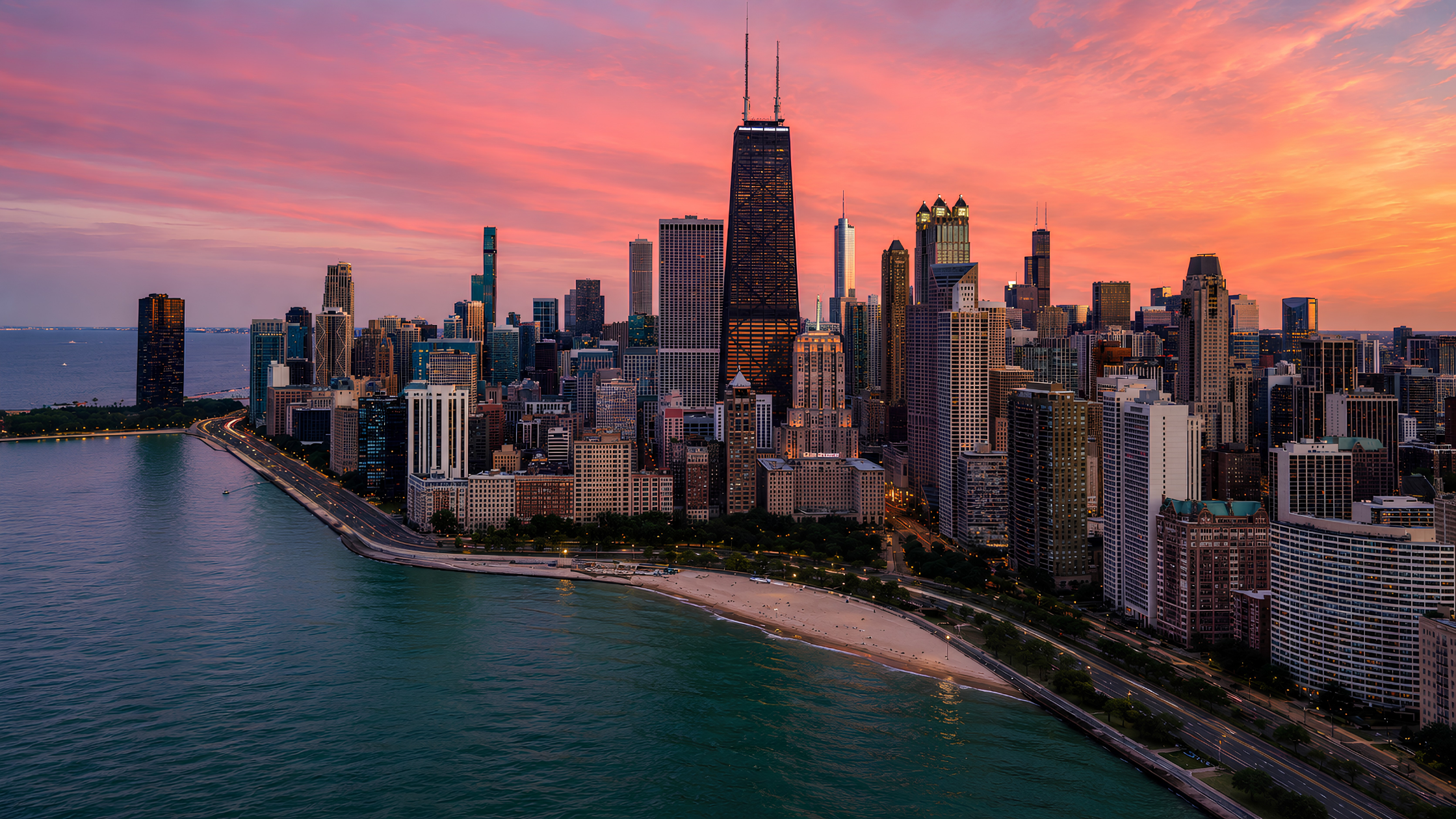 An aerial view of Chicago's skyline with a residential neighborhood in the foreground, showing the contrast between high-rise development and single-family homes.