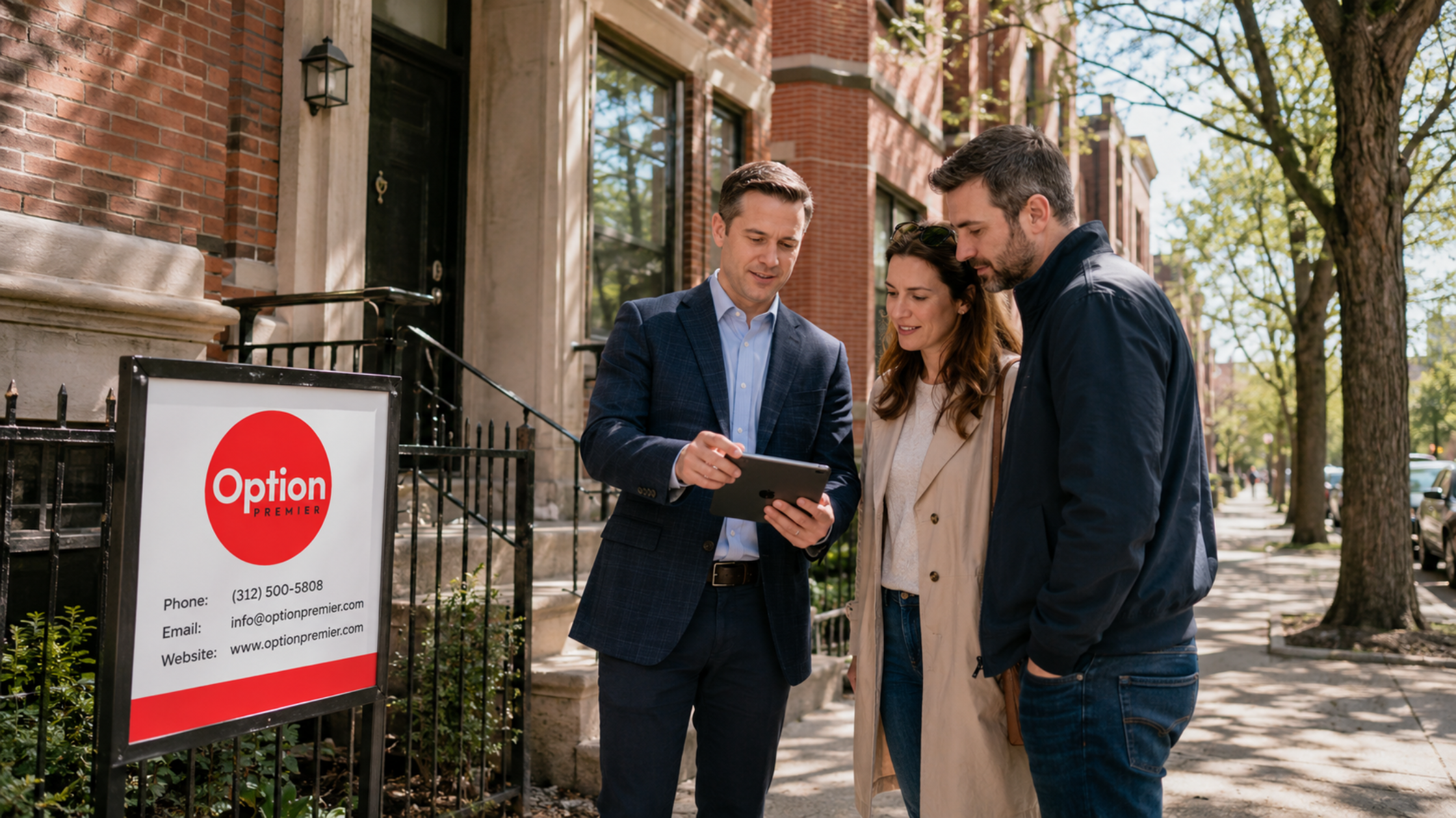 A Chicago real estate agent meeting with a couple in front of a residential home, reviewing paperwork on a tablet, conveying professional guidance in a neighborhood setting.