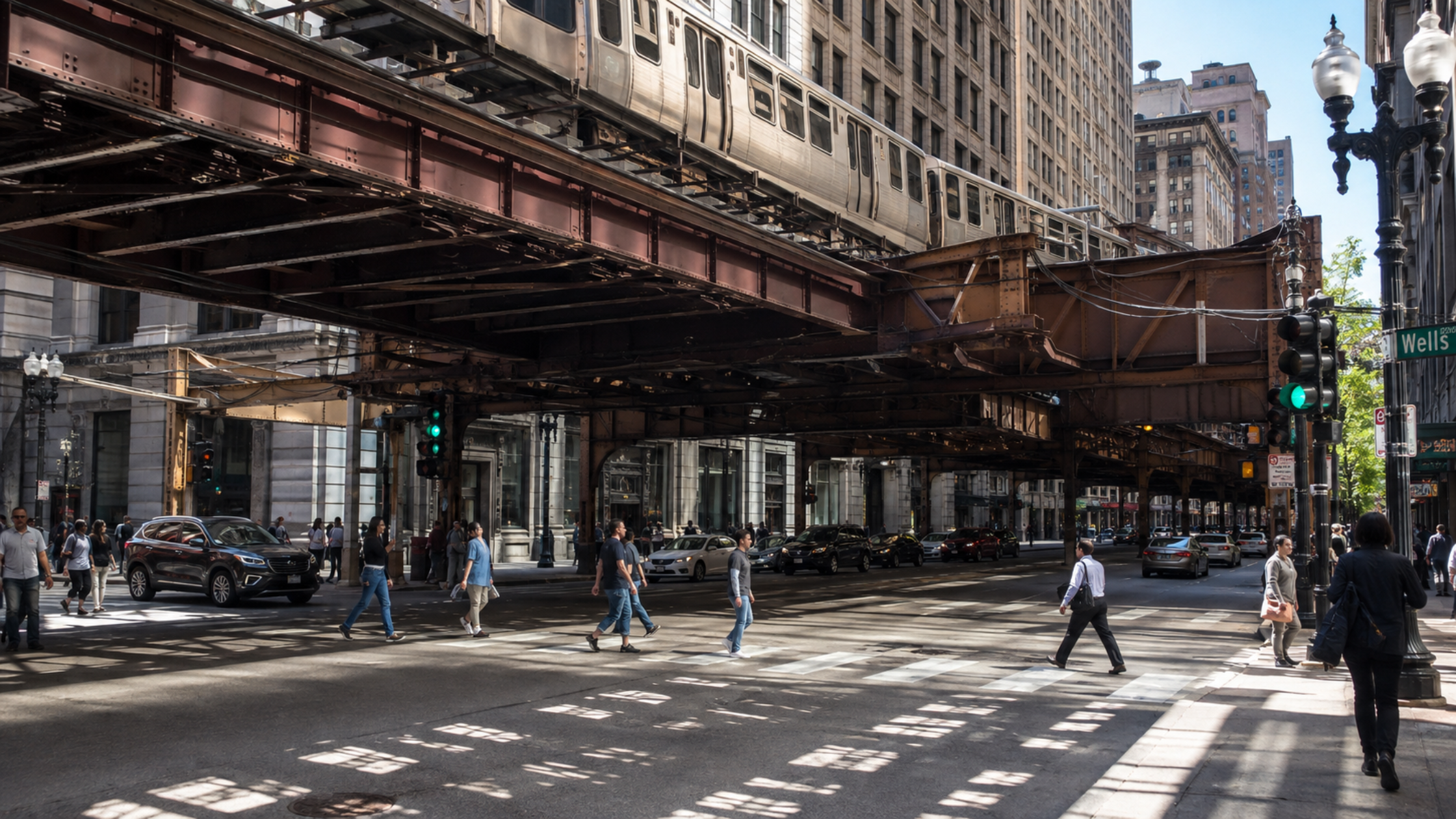 A street-level photo of the Chicago L train elevated tracks above a downtown intersection to illustrate transit access.