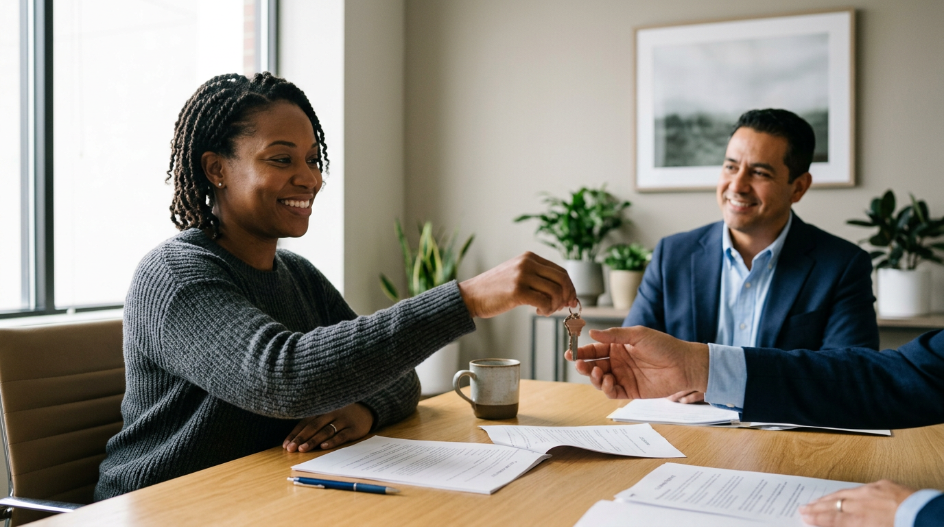 Photorealistic photograph of a smiling homeowner passing house keys across a closing table covered in documents, soft office lighting, real estate agent visible in background, candid celebratory moment.