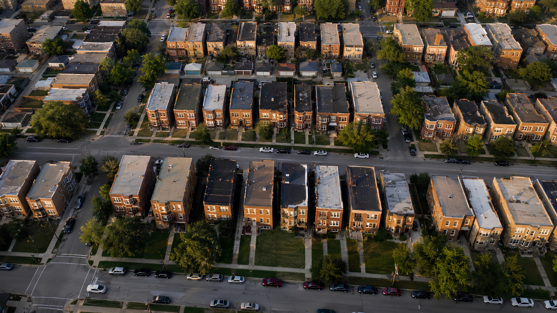 An aerial view of Chicago's South Side neighborhood blocks showing two-flat and three-flat residential buildings, which are typical investment property formats in the city.