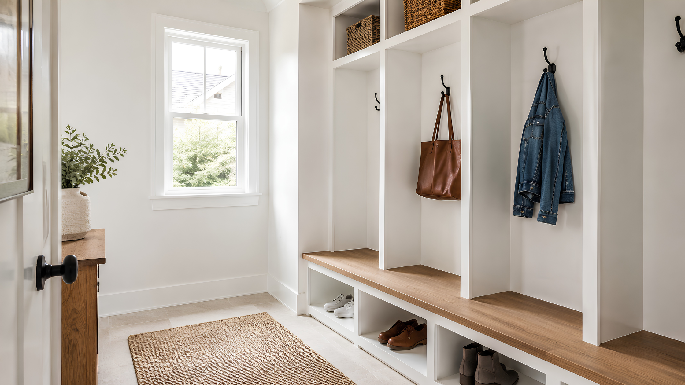 A well-organized built-in mudroom with cubbies, hooks, and shelving to illustrate practical storage solutions buyers appreciate.