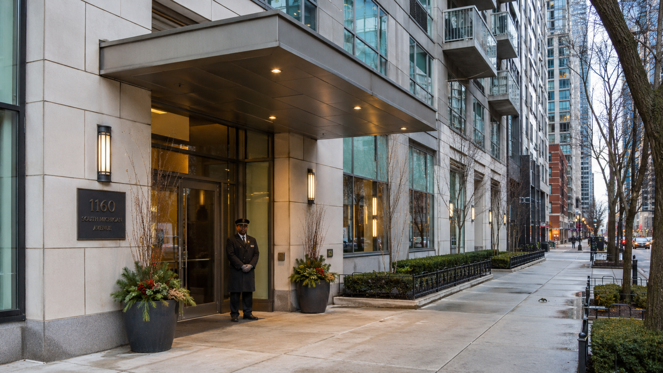 A street-level photo of a South Loop residential building entrance showing amenities signage, representing the building selection process buyers face.