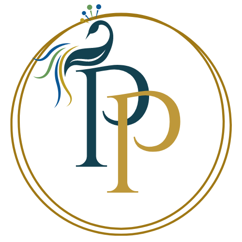 A circular logo featuring a stylized peacock with multicolored tail feathers, and the intertwined letters 'P' and 'P' in the center, all enclosed in a gold-colored ring.