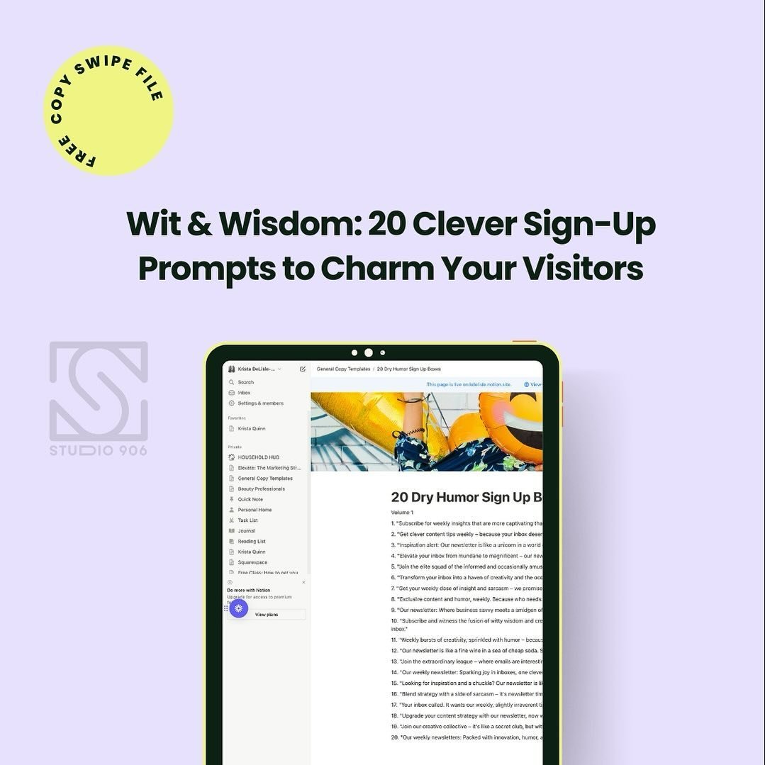🌟 Spark a little charm on your website! 🎨 Introducing &ldquo;Wit &amp; Wisdom: 20 Clever Sign Up Prompts to Charm Your Visitors&rdquo; now available on my blog. This Notion file is your secret weapon to captivate and charm every visitor with a sign