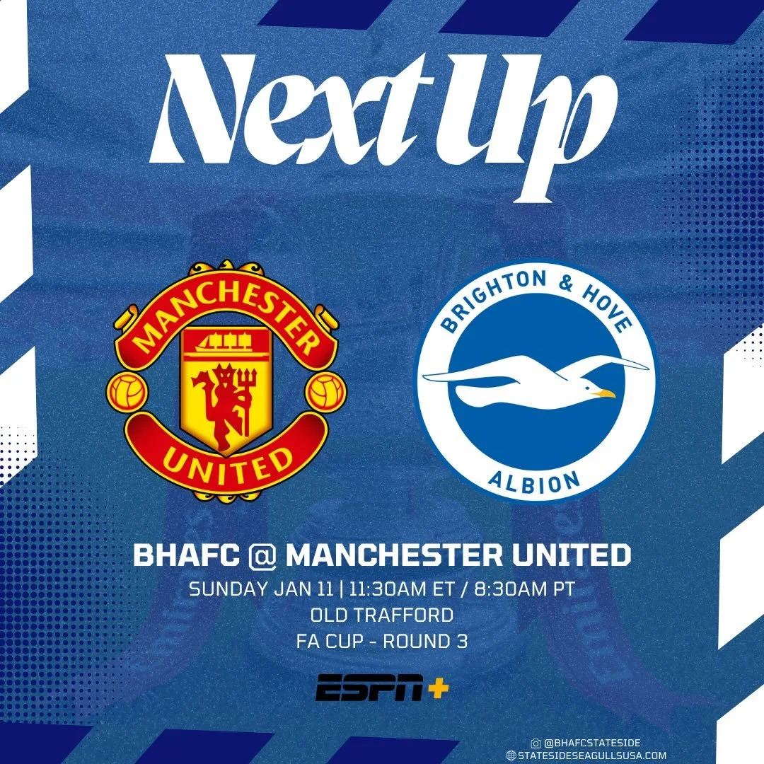 NEXT UP! 🚨

Our @emiratesfacup campaign begins at Old Trafford 🏆 

Kickoff tomorrow at 11:30am ET/8:30am PT on ESPN+ 🇺🇸

#BHAFC #StatesideSeagulls #FACup