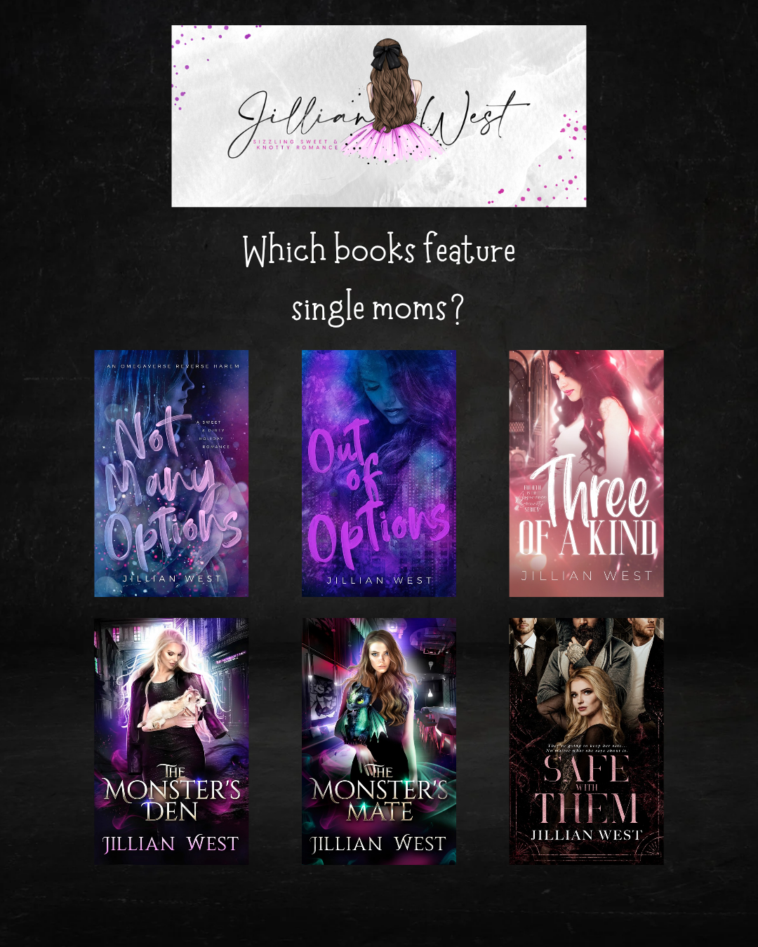 Books with single moms: not many options, out of options, three of a kind, the monsters den, the monsters mate, safe with them