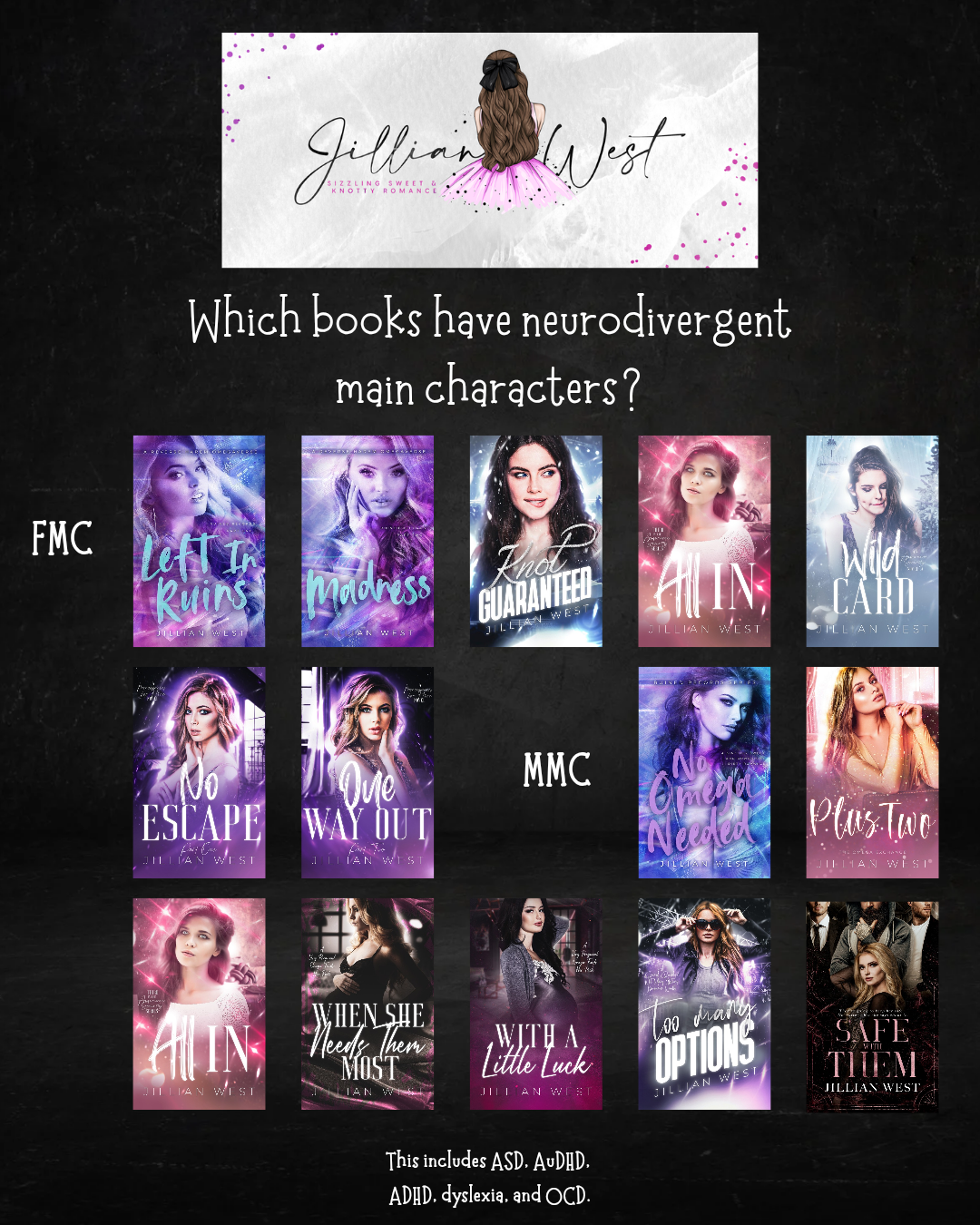 neurodivergent main characters: Left in Ruins, knot guaranteed, all in, Wild Card, No Escape, No Omega Needed, Plus Two, When She Needs Them Most, Too Many Options