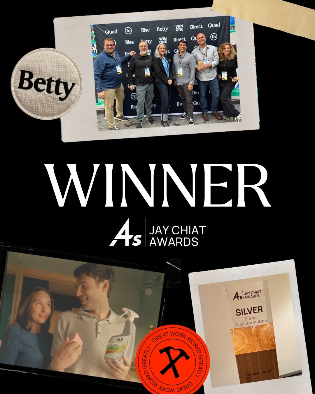 Betty and Rise turned &ldquo;choreplay&rdquo; into Silver at @4As_presents Jay Chiat Awards with our &ldquo;So Clean. So Hot.&rdquo; campaign for @clrbrands! 🧽 🔥 🥈