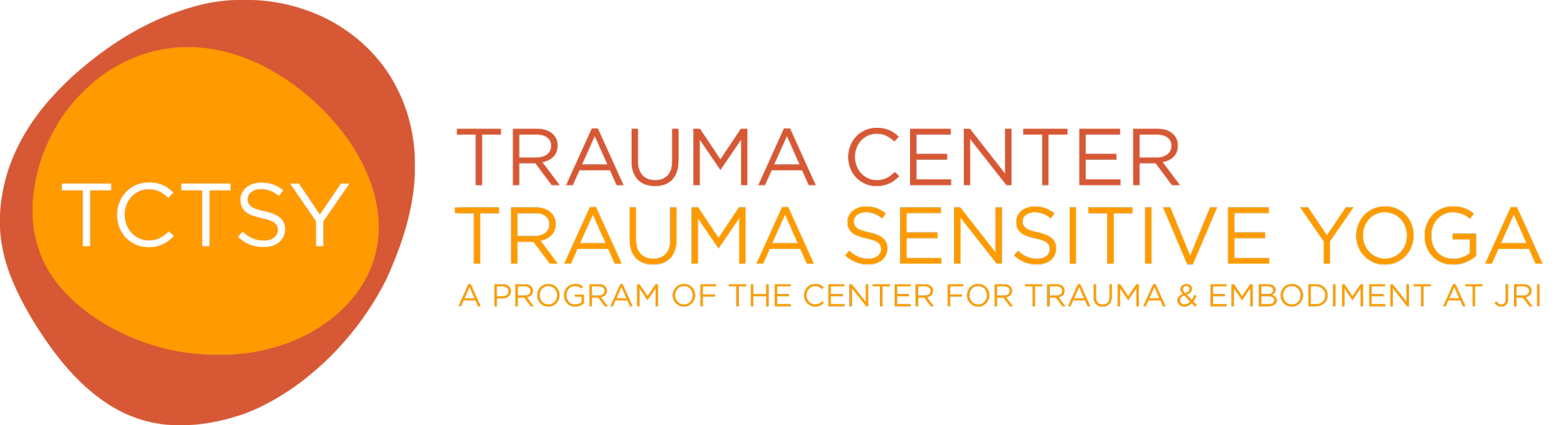Logo of Trauma Center Trauma Sensitive Yoga (TCTSY) program by Center for Trauma & Embodiment at JRI. Orange and red circular design with text.