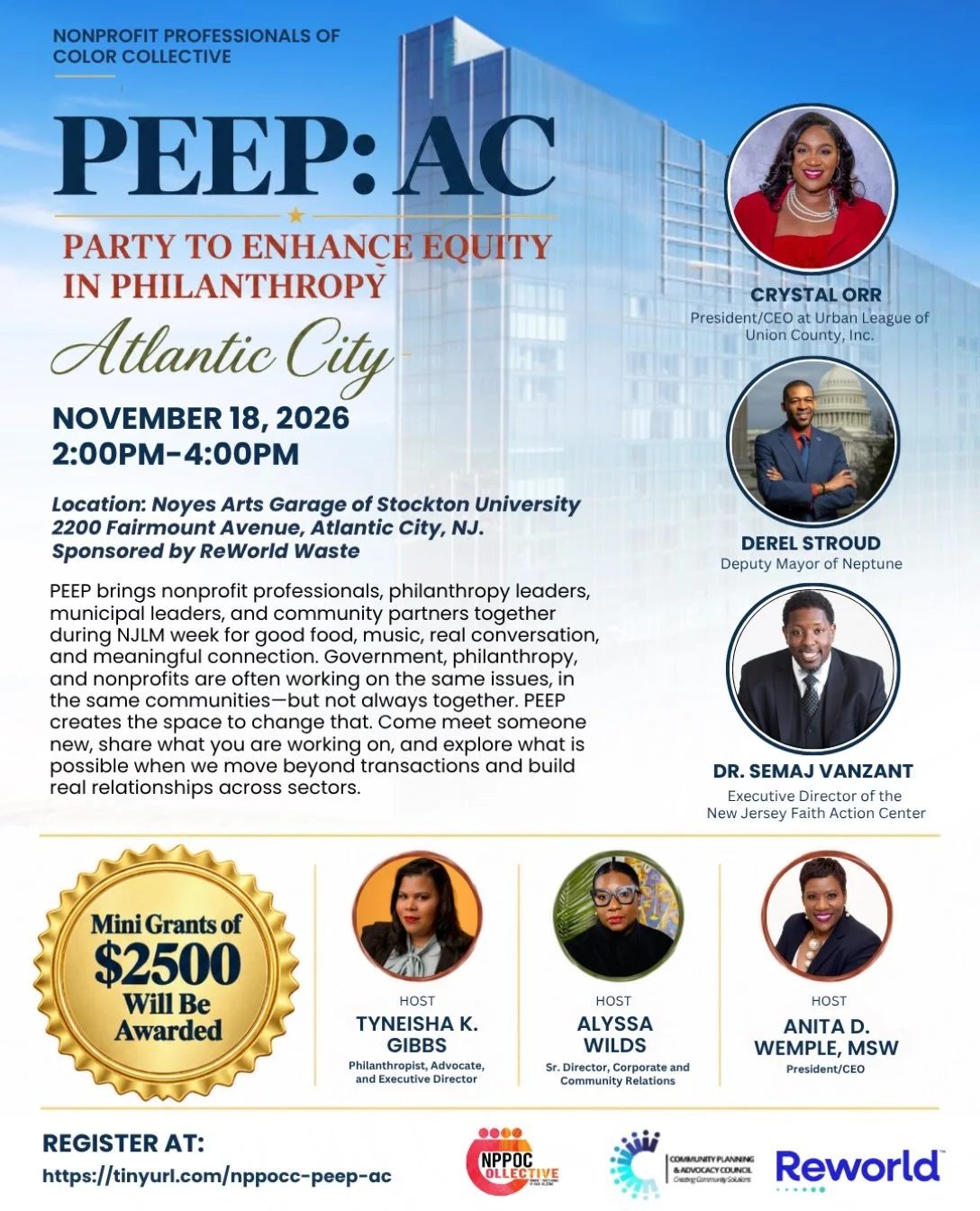 I&rsquo;m proud to host PEEP: AC, the Party to Enhance Equity in Philanthropy! 🎉

During NJLM week in Atlantic City, PEEP brings nonprofit professionals, philanthropy leaders, municipal leaders, and community partners together for one unforgettable 