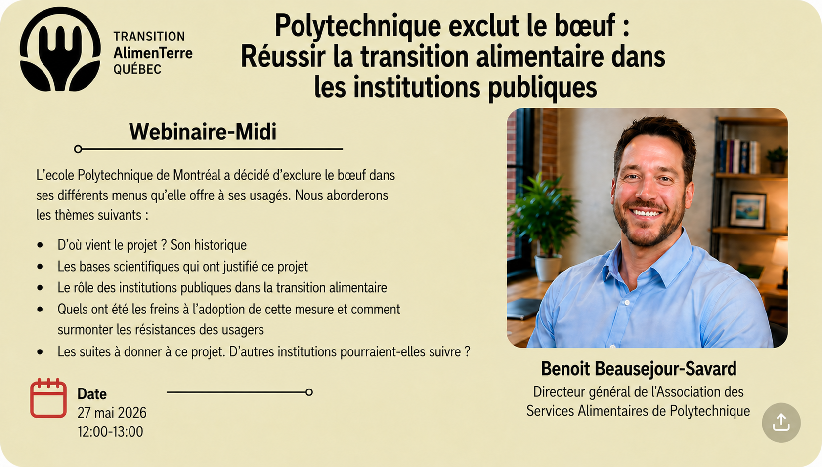 Webinaire-midi du 27 mai 2026: Polytechnique exclut le boeuf - Réussir la transition alimentaire dans les institutions publiques