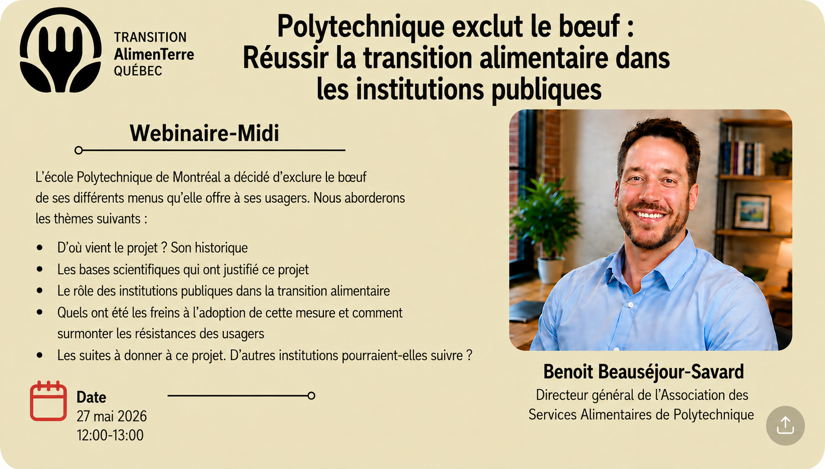 Webinaire-midi du 27 mai 2026: Polytechnique exclut le boeuf - Réussir la transition alimentaire dans les institutions publiques
