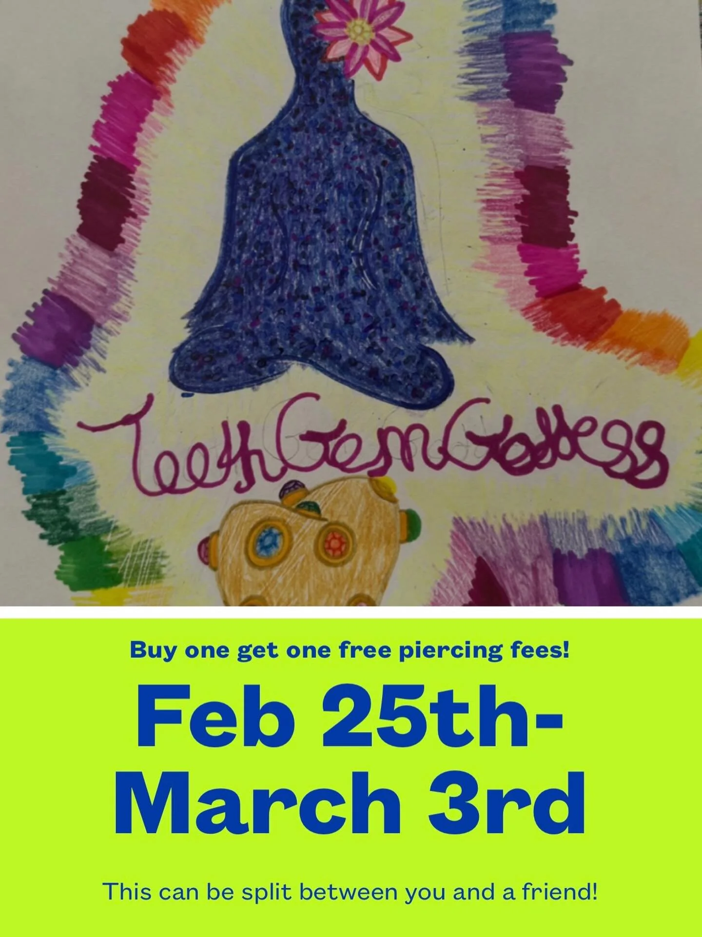 Starting today get your second piercing fees waived! You can bring a friend and also split with them. Jewelery starts at $40!
For appointments call 469-346-1053 or book on the website 
www.toothgemgoddess.com