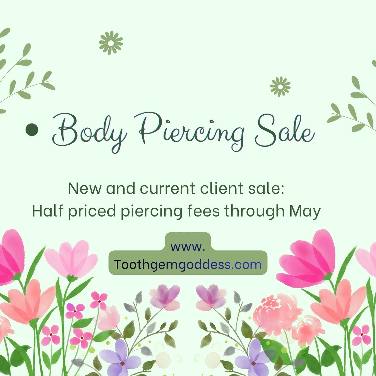 Body Piercing Spring Sale!
For all new and existing clients enjoy 1/2 priced piercing fees!
That means you can save $20 per piercing and if you bring two friends you get your piercing fee totally waved. Walk in 12-6 Monday thru Saturday and appointme