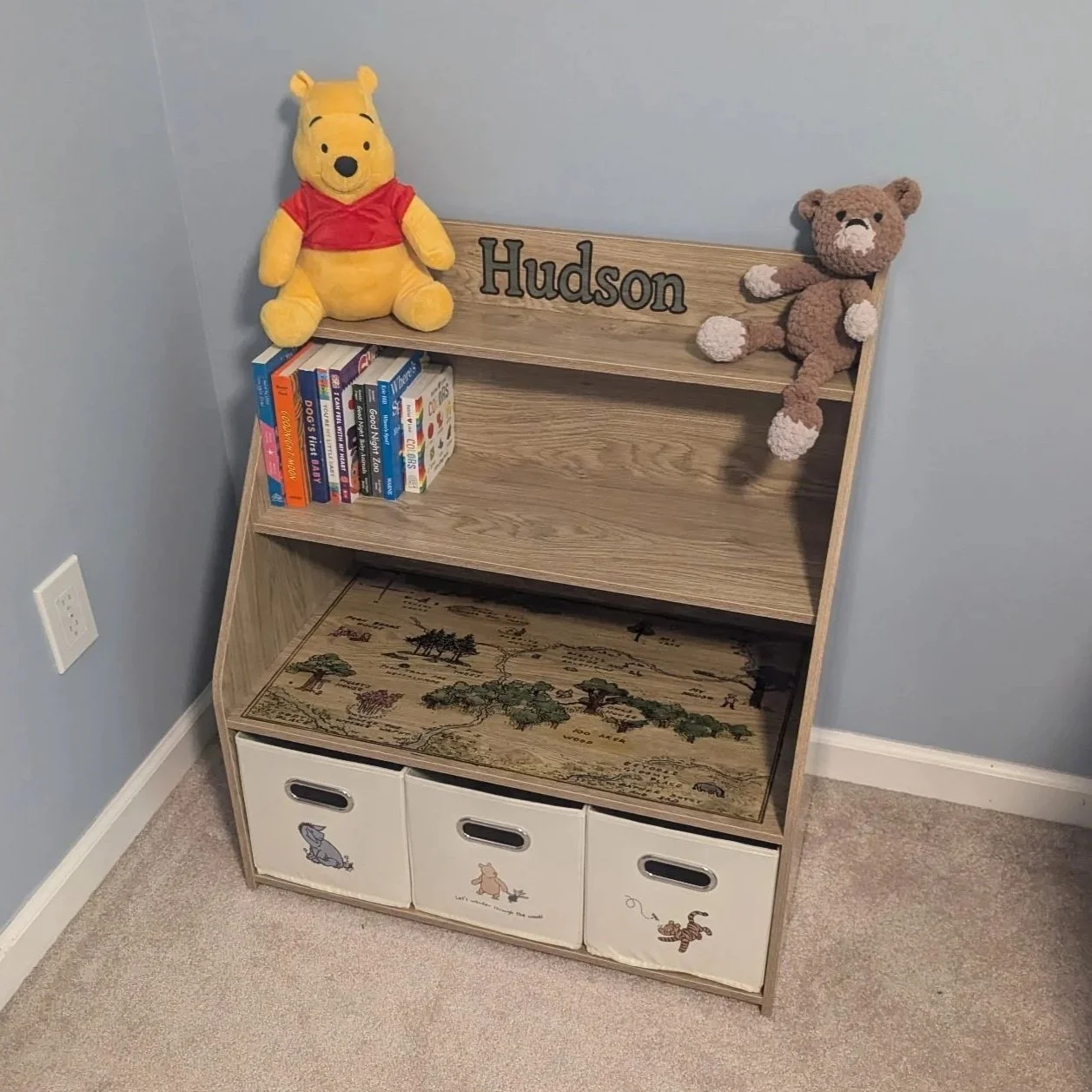 Kids Bookcase with custom printed name and Winnie the Pooh Hundred Acer Woods Map