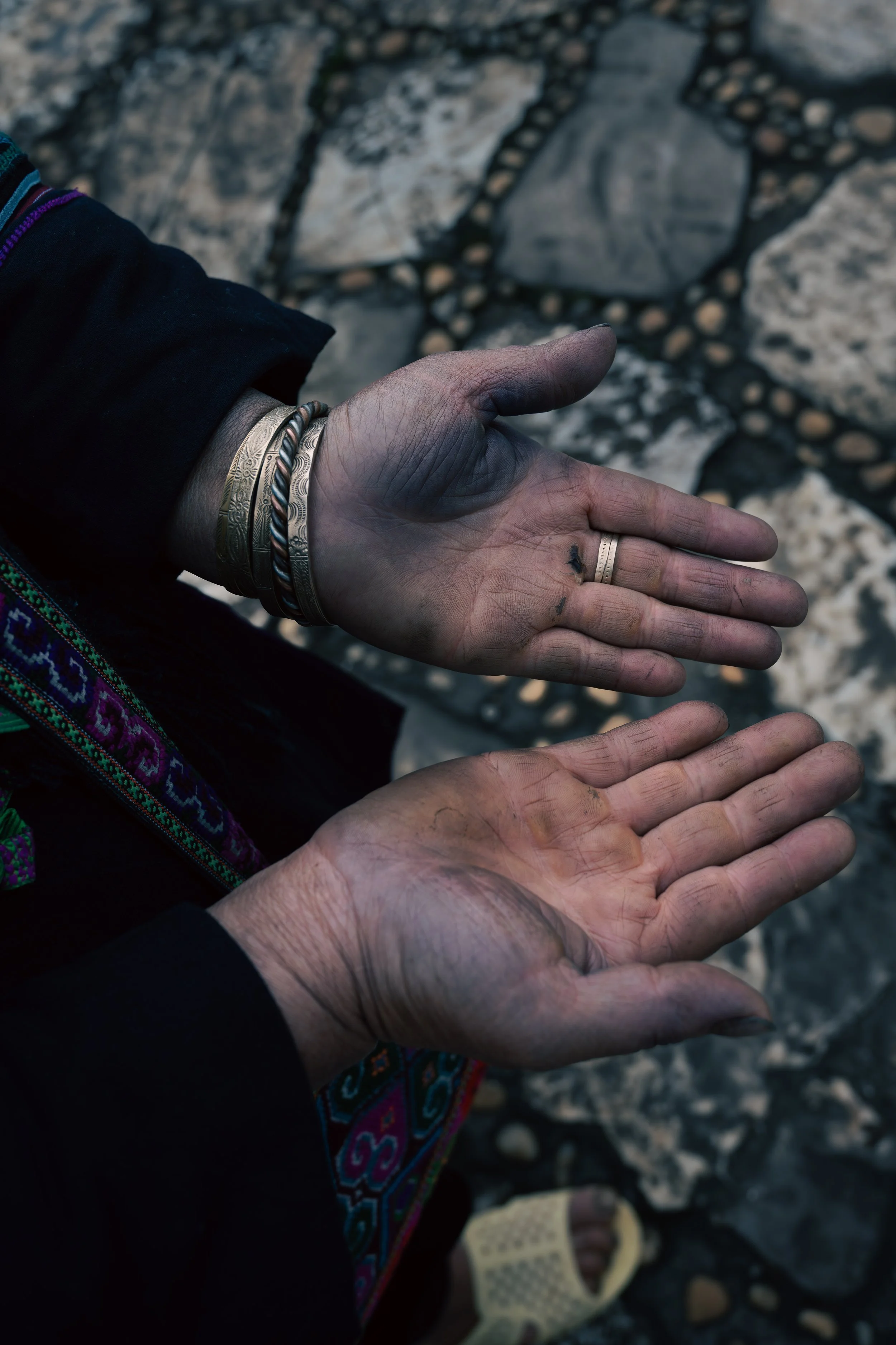 Hands of two people, one with silver jewelry and black clothing, holding a black butterfly, with a rocky background.