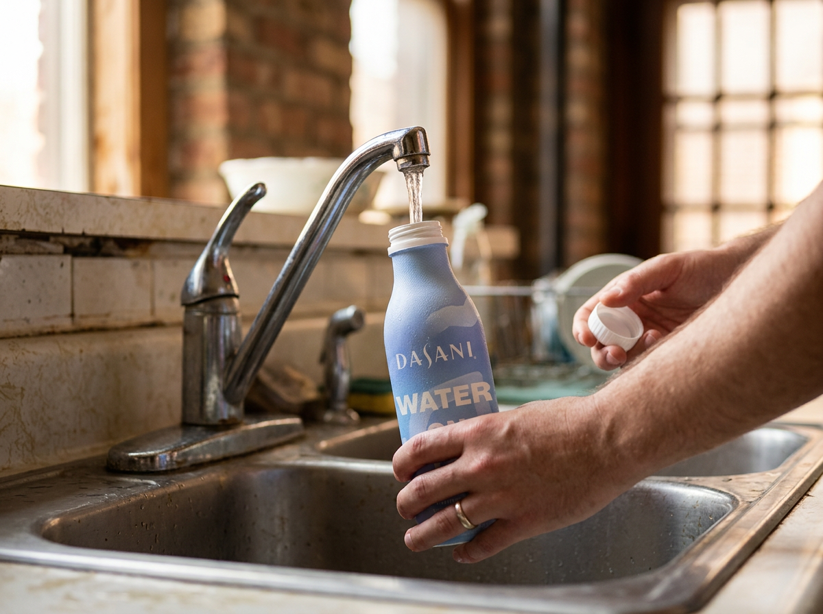 Hand filling a Dasani “Water on Tap” bottle at a kitchen sink