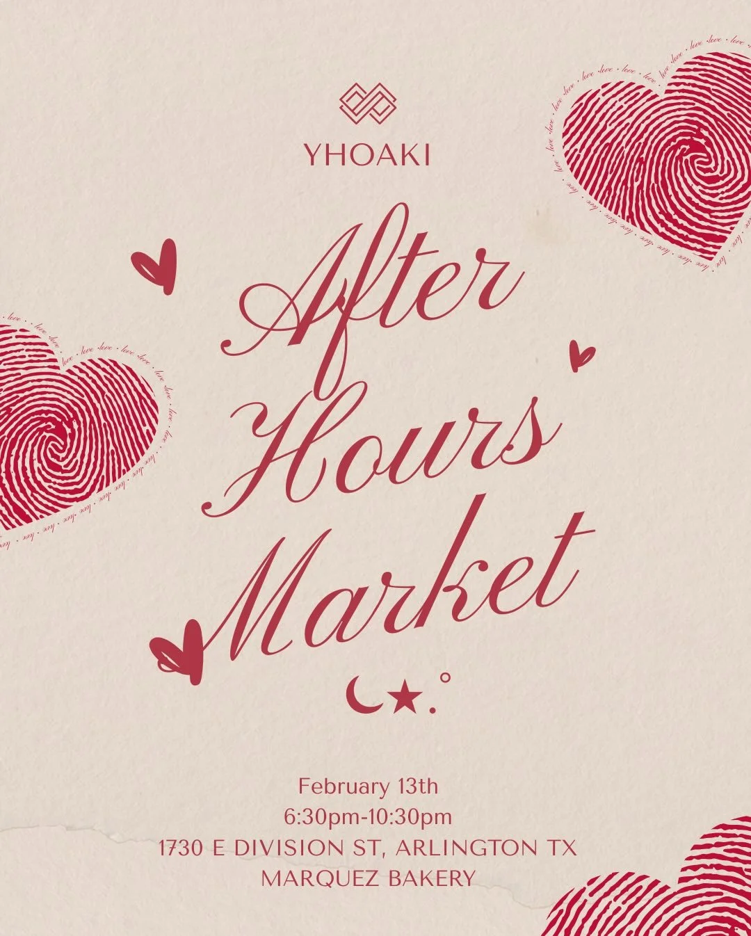 After-hours Valentine&rsquo;s Market 💕
Tonight 6:30&ndash;10:30 PM at Marquez Bakery with @small.business.mercado 
Come shop, snack, and celebrate love with us 💌✨#smallbusinesssupportingsmallbusiness #valentines #yhoaki #latinaowned #arlingtontx