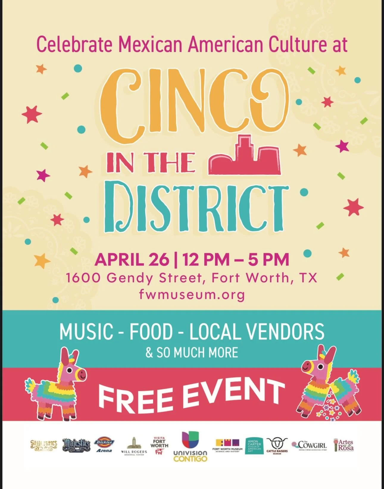 Today from 12-5pm join us in Cinco In the District! Free entry, lots of vendors, and a car show! Can&rsquo;t wait to see yall here! 🤍#fortworthtx #freeevent #cincodemayo