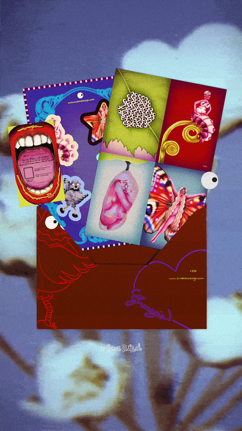 Illustration of a peach with various stickers, including a snail with a happy face on a leaf, a price tag of €10.00, a pink sticker labeled 'monthly subscription,' a website sticker, and a yellow sticker for the 'SNAIL MAIL PRINT CLUB.'