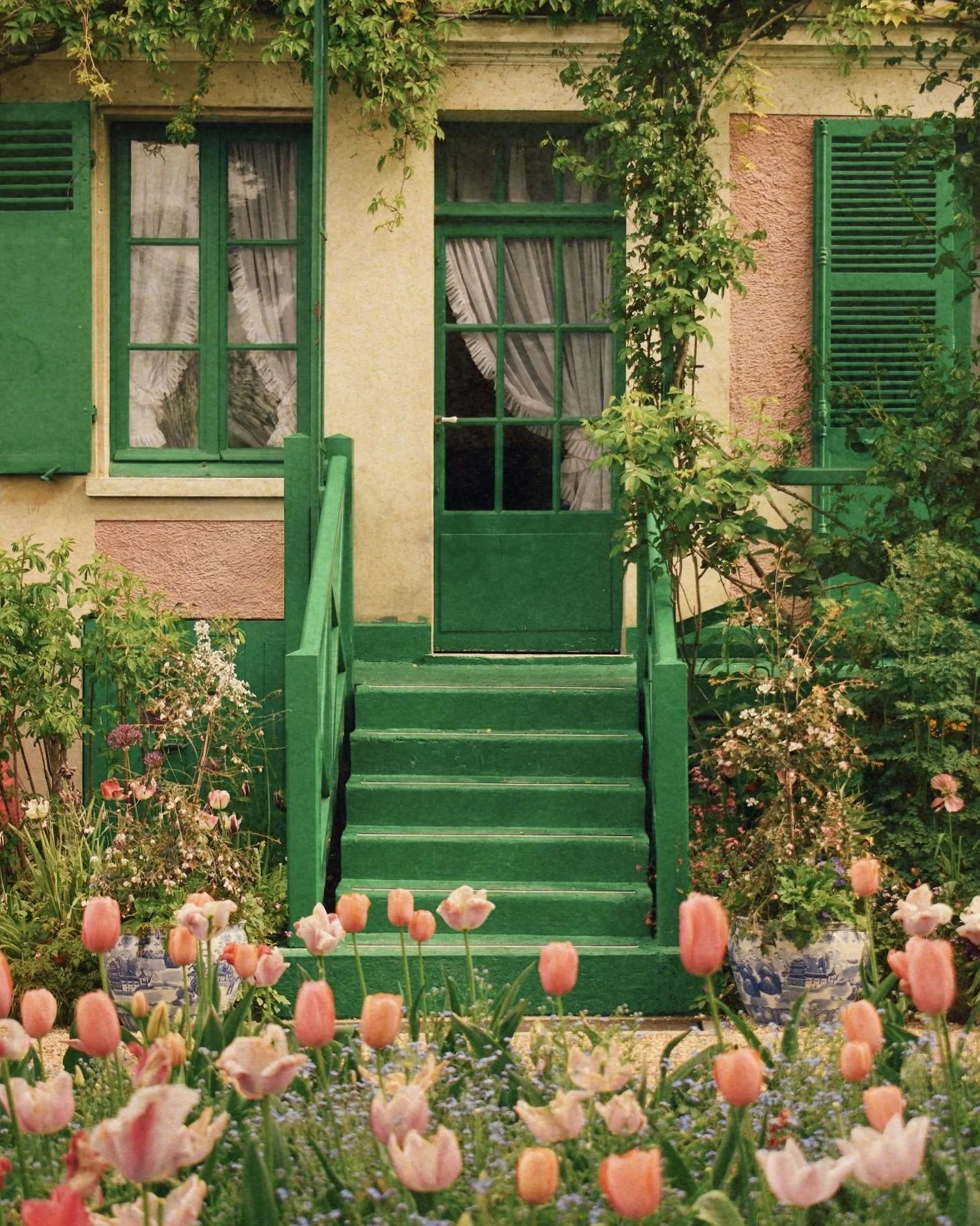 A house with green shutters and a green door, with a staircase leading up to it, surrounded by a garden with pink tulips and various other flowers.