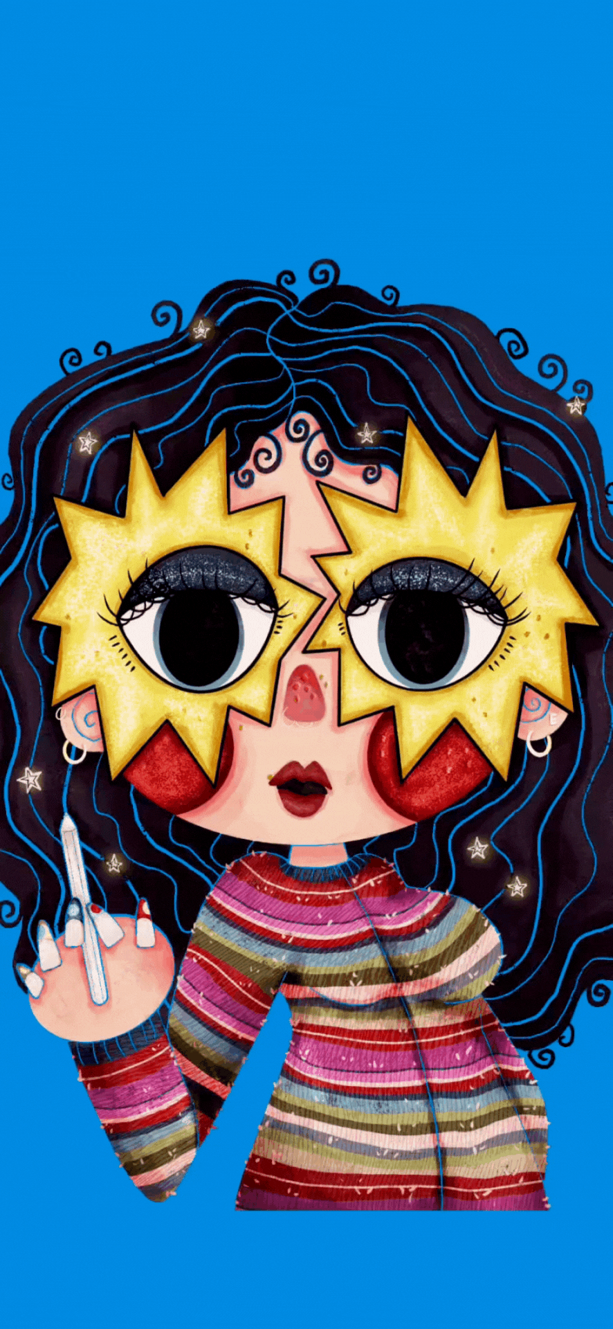 Cartoon illustration of a person's face with large, expressive eyes and long eyelashes. The face is partially obscured by two yellow starburst shapes covering the eyes, with a pink background and blonde hair visible above.