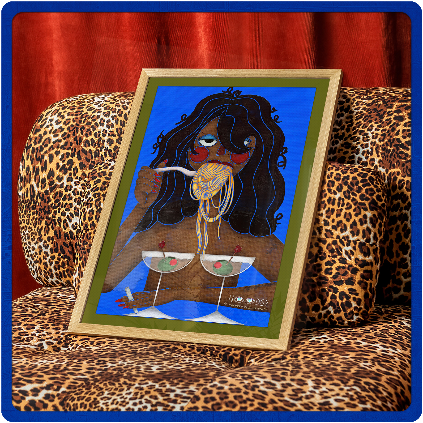 A framed artwork of a stylized woman with dark curly hair, sitting topless at a table with two drinks garnished with cherries, eating spaghetti with a spoon, with a blue background and bold colors, leaning against a padded leopard print surface.