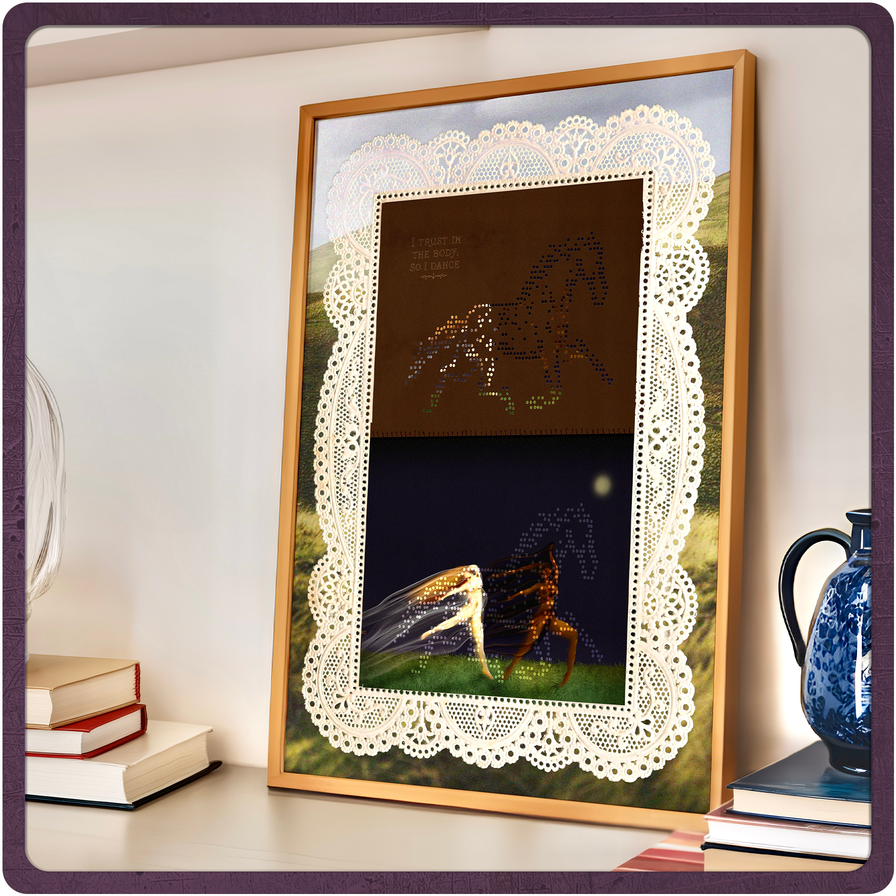 A framed artwork on the floor depicts a top-down view of a person lying on a blue mat. The person is seen from above, wearing underwear, holding a wine glass in one hand and a cigarette in the other. The artwork features sneakers and a partially visible wristwatch.