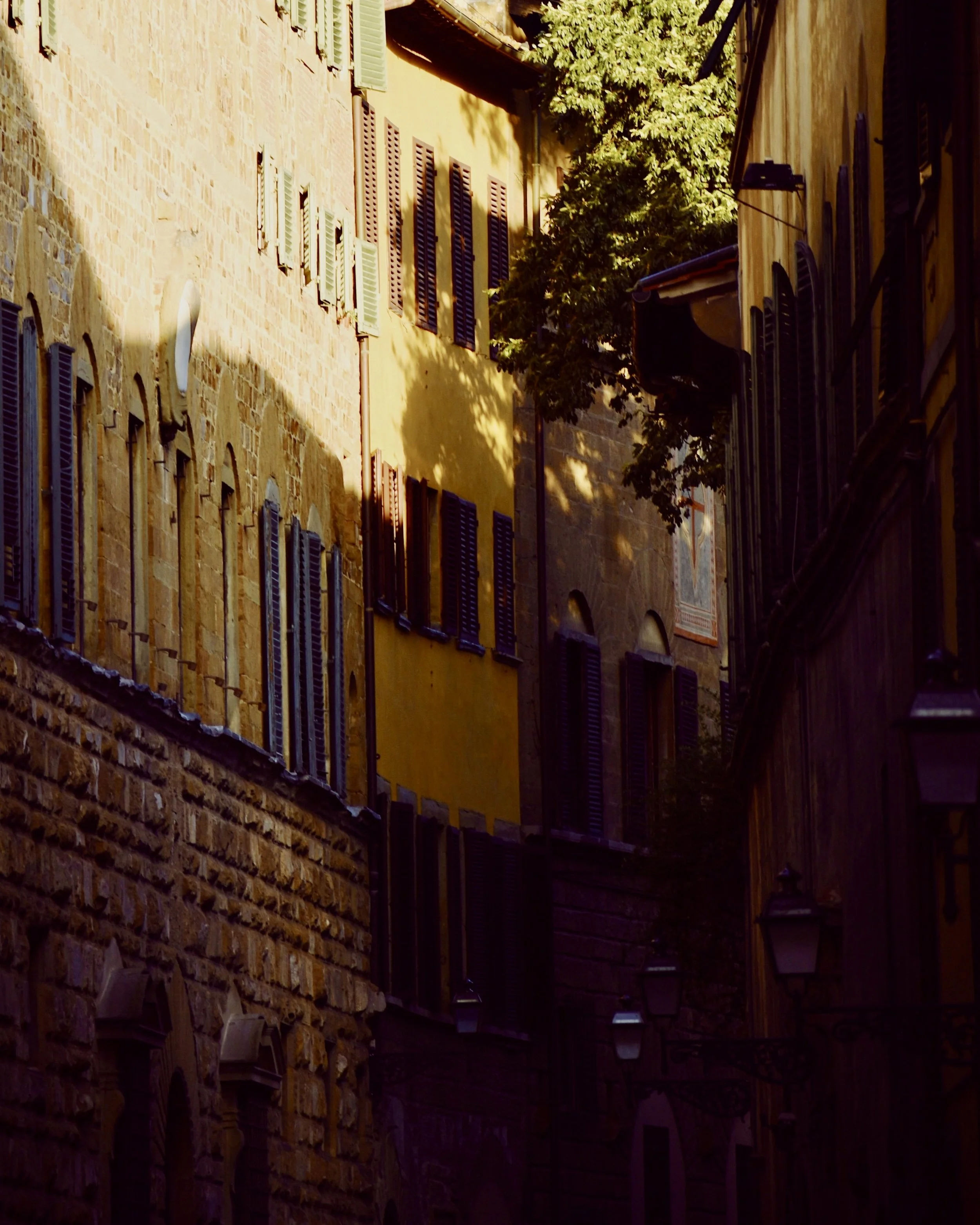 Narrow street between tall, colorful buildings with shutters on windows, some sunlight and shadows, a tree, and street lamps.