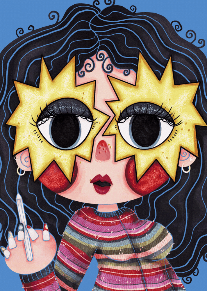 Cartoon illustration of a person's face with large, expressive eyes and long eyelashes. The face is partially obscured by two yellow starburst shapes covering the eyes, with a pink background and blonde hair visible above.