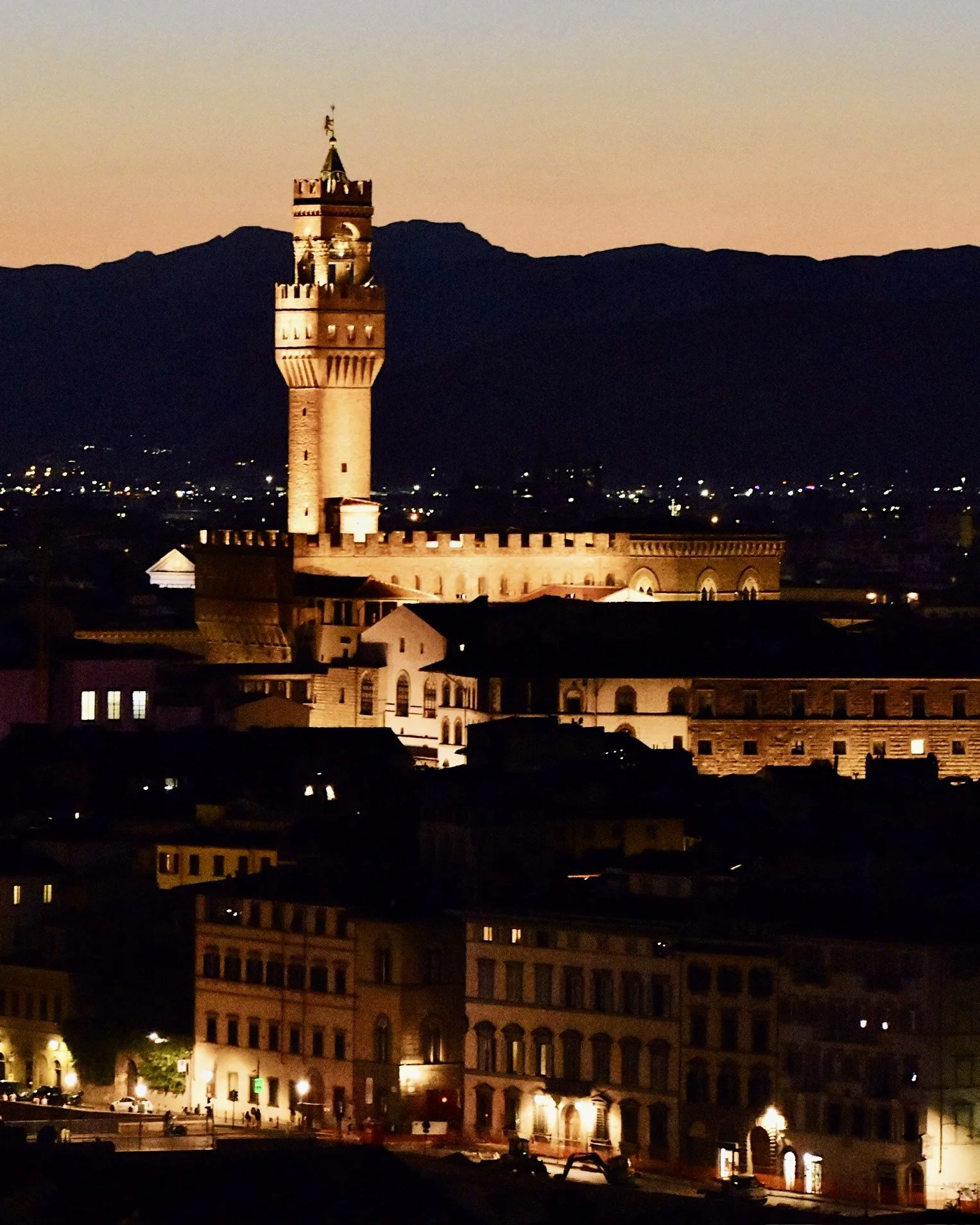 Nighttime view of a historic castle and buildings illuminated with lights, with mountains in the background.