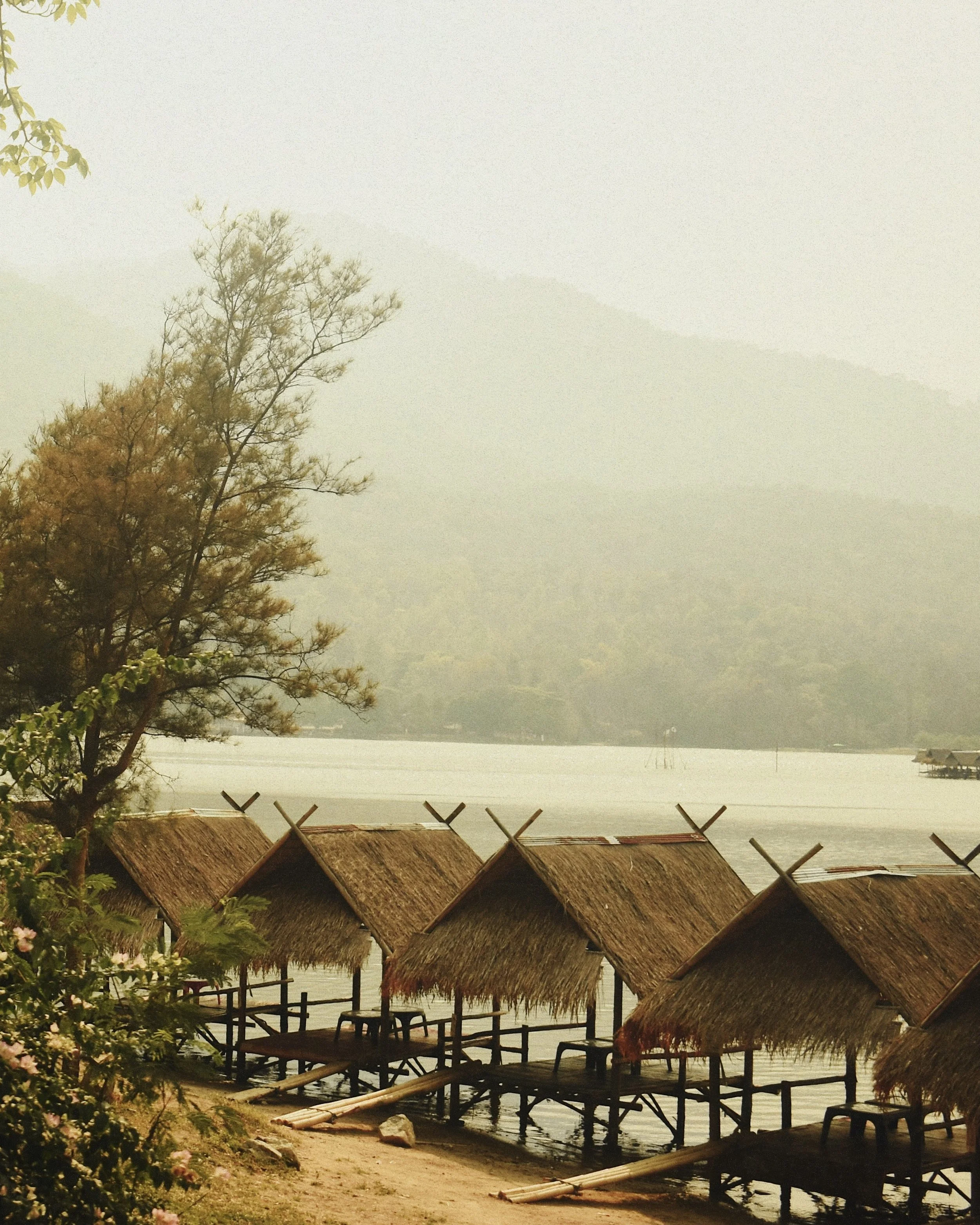 Beach huts with straw roofs along a lakeshore, backed by trees and misty mountains.