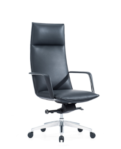 A black high-back executive office chair with armrests, on a five-star wheeled base, set against a white background.