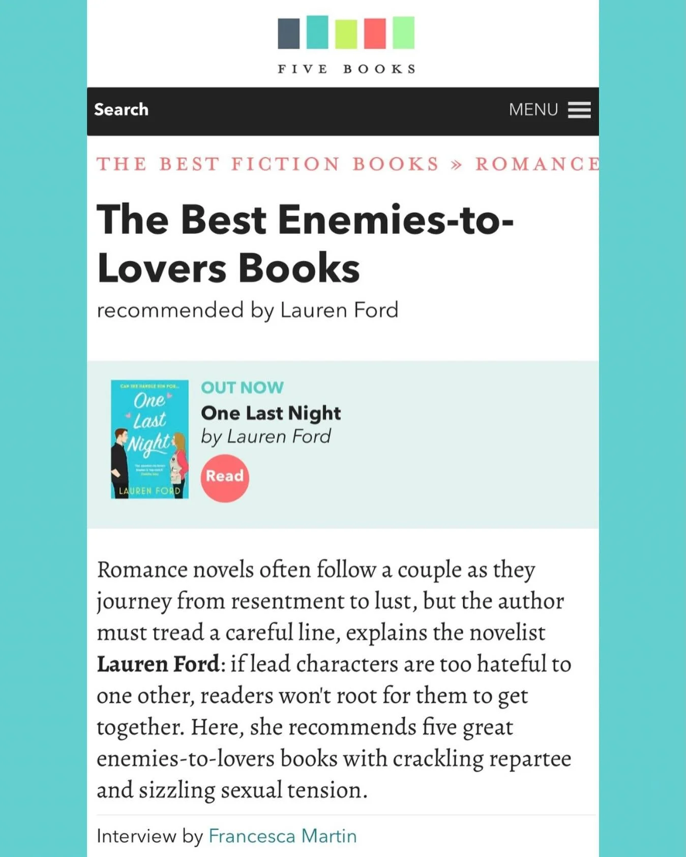 Who doesn&rsquo;t love enemies-to-lovers! 
&nbsp;
I recently had a chat with the lovely Francesca Martin from @five_books about some of my favourite enemies-to-lovers romance novels. &nbsp;
&nbsp;
The link to the article is in my bio. 😊
&nbsp;
What 
