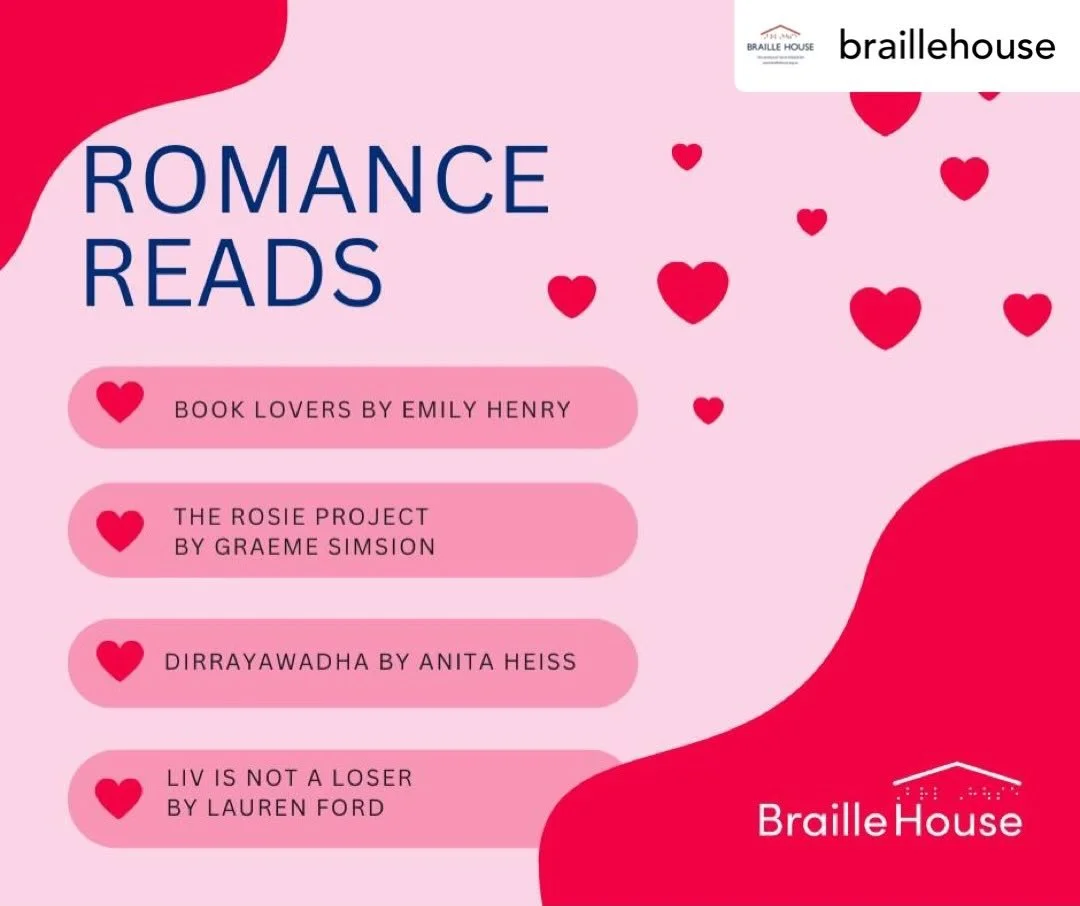 These romance novels are 
available in the Braille House library to enjoy on Valentine&rsquo;s Day! 💕

Repost: @braillehouse 

Love is in the air&hellip;

Romance is one of the most requested genres at the Braille House library! We caught up with ou