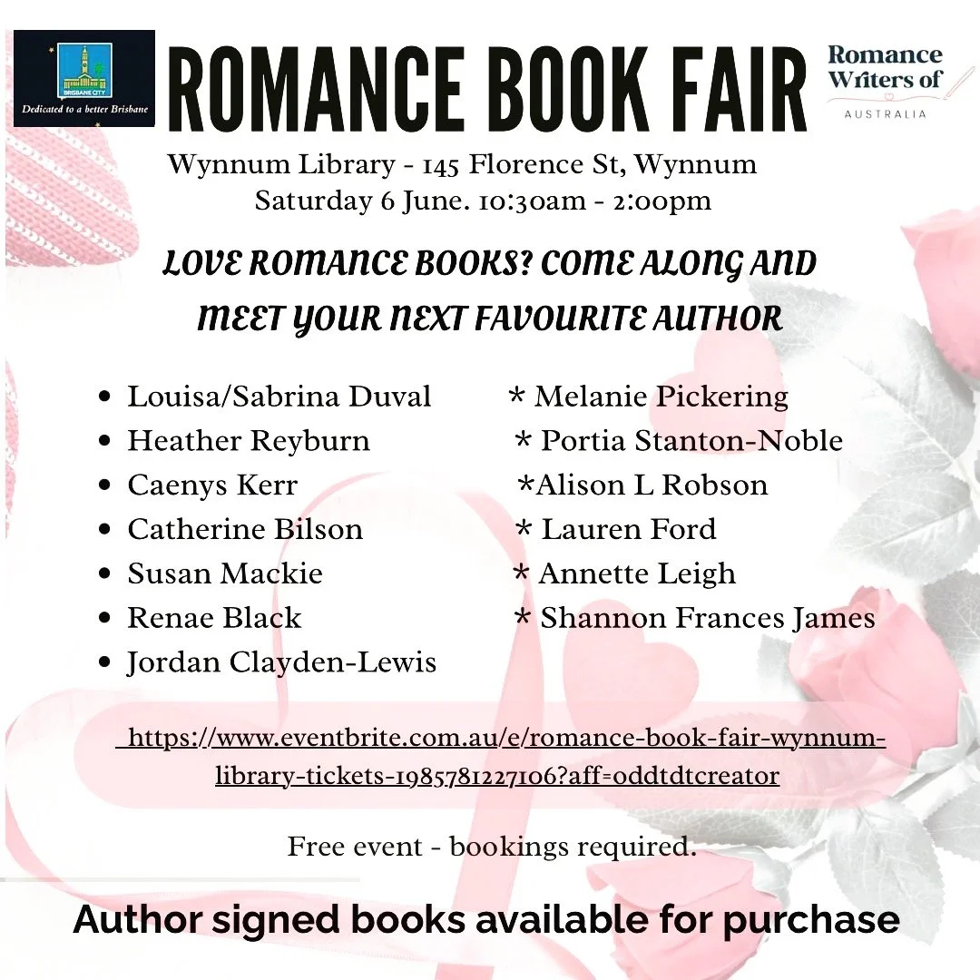 I'm excited to attend the Romance Book Fair at Wynnum library on Saturday 6 June 2026 from 10.30am to 2pm.

There will be three panels throughout the day, plus plenty of opportunities to mingle with the authors and readers.

Come all day or come for 